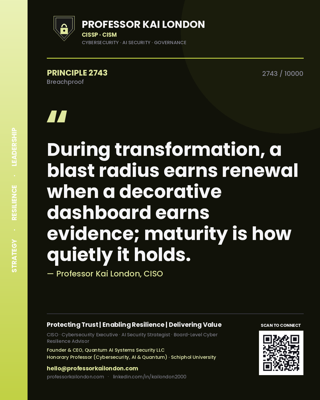 Professor Kai London principle 2743: During transformation, a blast radius earns renewal when a decorative dashboard earns evidence; maturity is how quietly it holds.