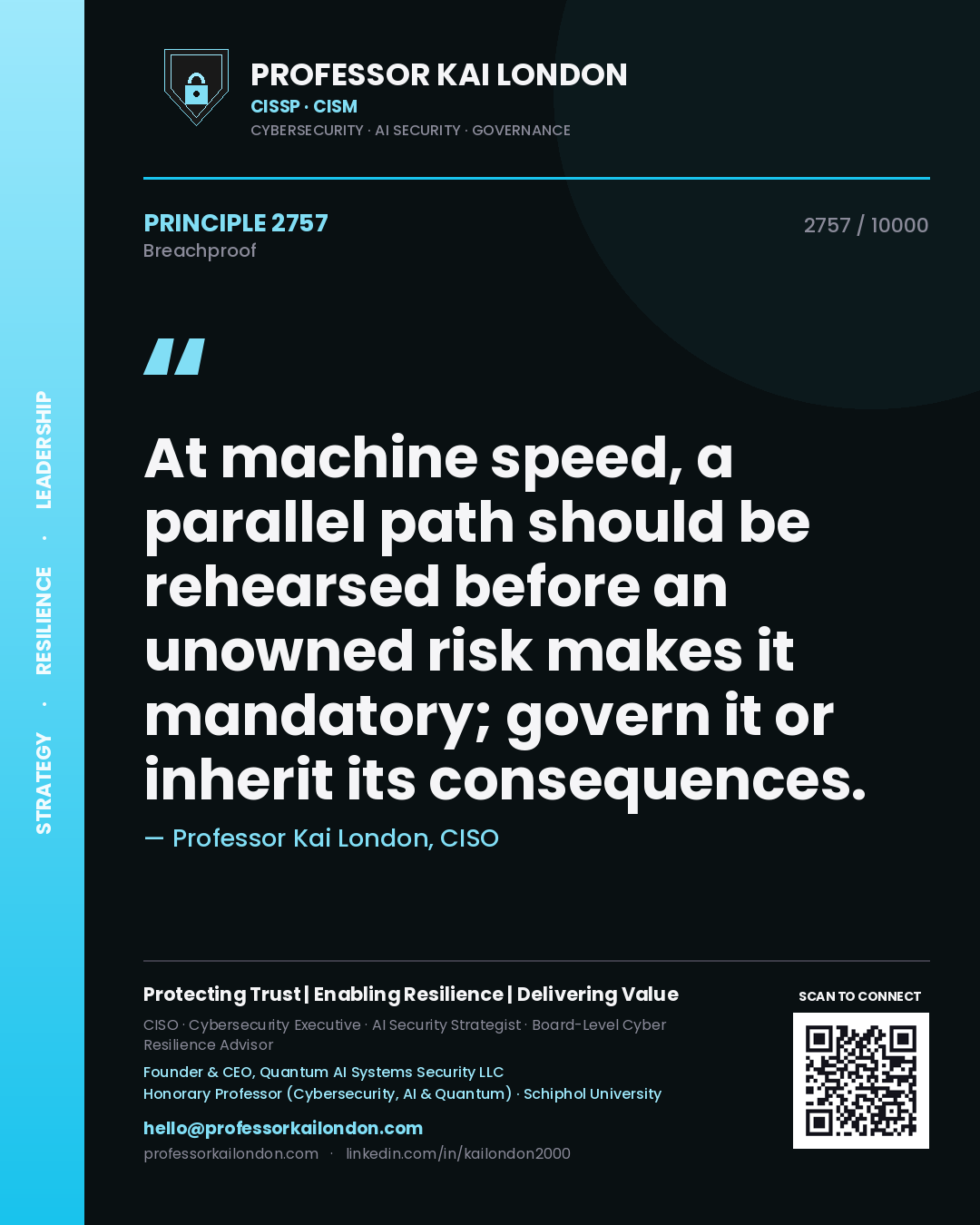 Professor Kai London principle 2757: At machine speed, a parallel path should be rehearsed before an unowned risk makes it mandatory; govern it or inherit its consequences.