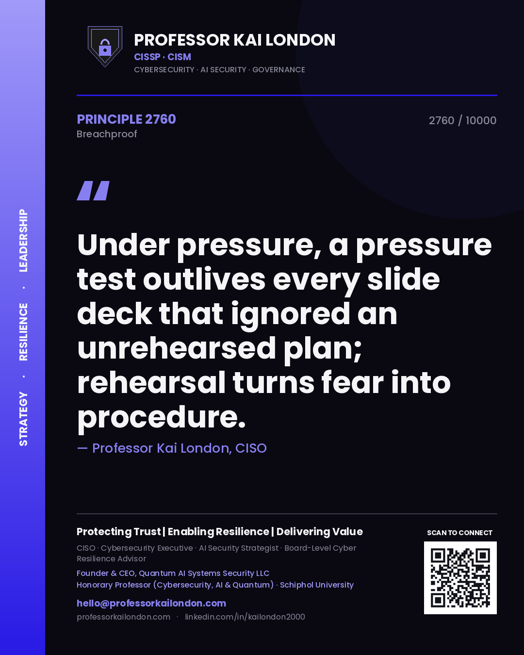 Quote card by Professor Kai London reading 'Under pressure, a pressure test outlives every slide deck that ignored an unrehearsed plan; rehearsal turns fear into procedure.'. From the book Breachproof.