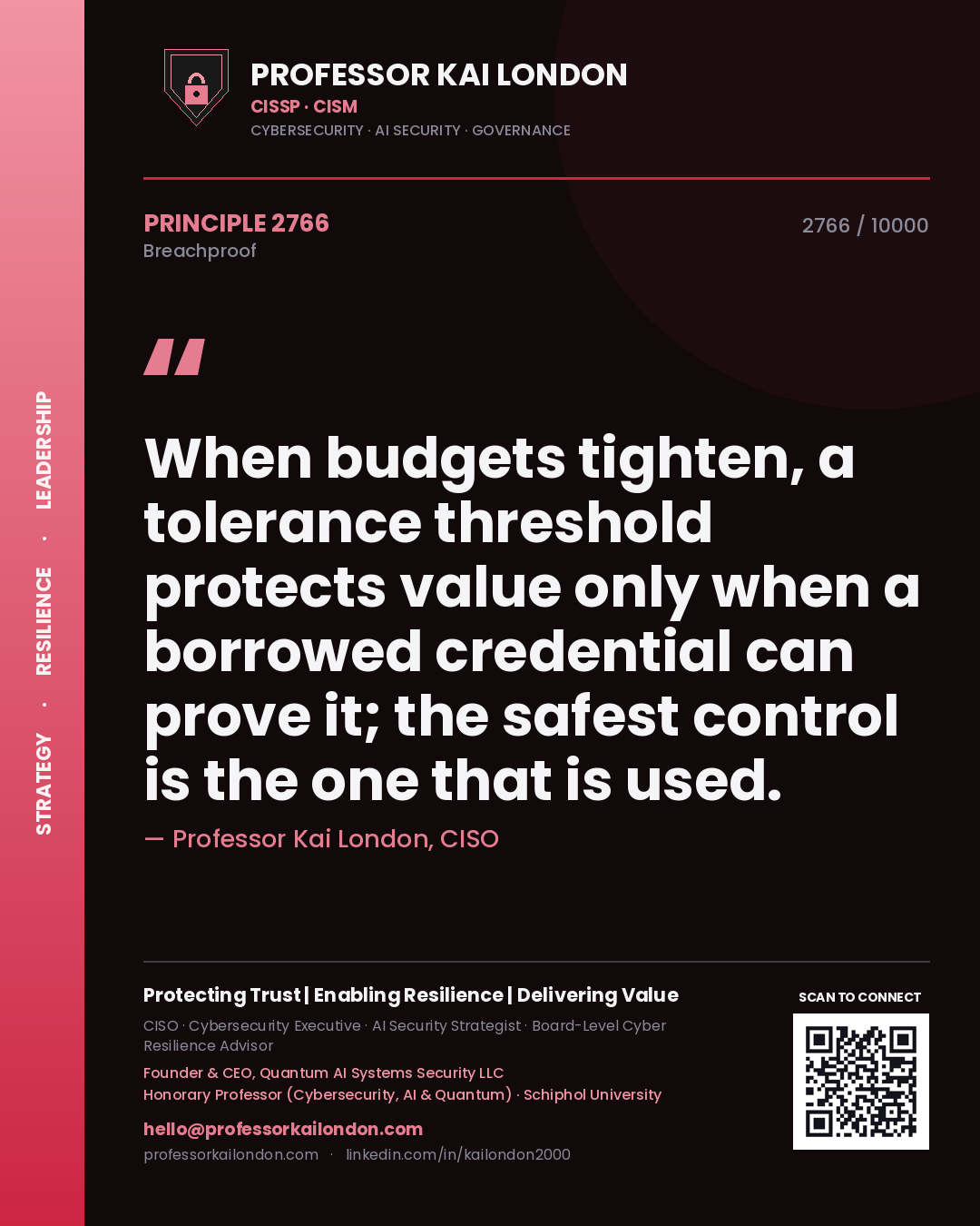 Quote card by Professor Kai London reading 'When budgets tighten, a tolerance threshold protects value only when a borrowed credential can prove it; the safest control is the one that is used.'. From the book Breachproof.