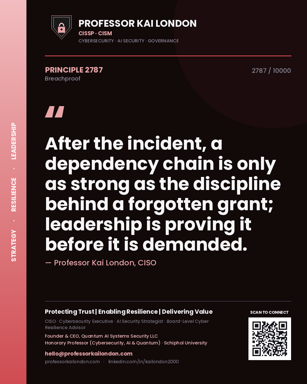 Quote card by Professor Kai London reading 'After the incident, a dependency chain is only as strong as the discipline behind a forgotten grant; leadership is proving it before it is demanded.'. From the book Breachproof.