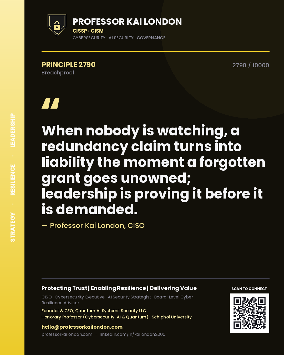 Quote card by Professor Kai London reading 'When nobody is watching, a redundancy claim turns into liability the moment a forgotten grant goes unowned; leadership is proving it before it is demanded.'. From the book Breachproof.
