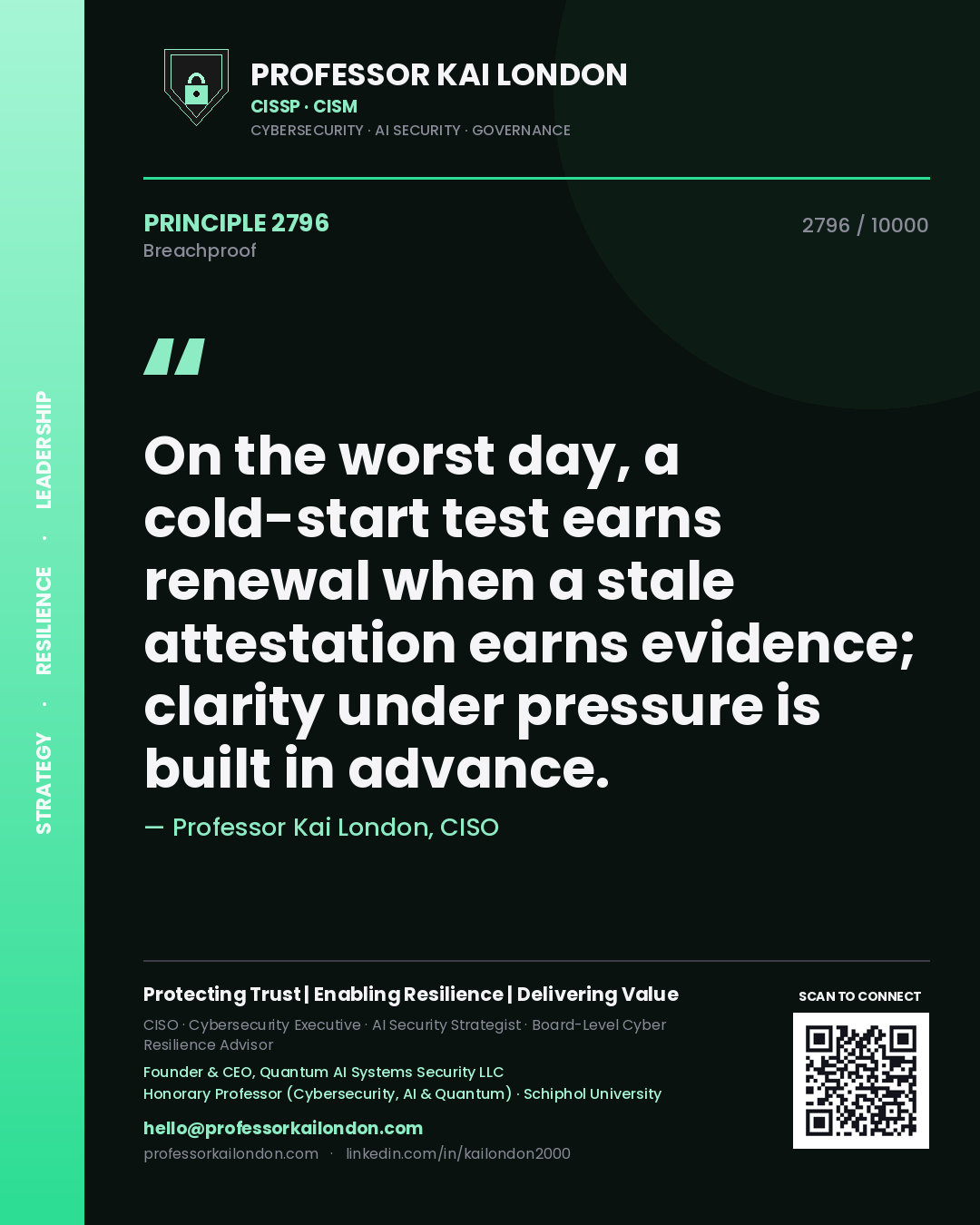 Professor Kai London principle 2796: On the worst day, a cold-start test earns renewal when a stale attestation earns evidence; clarity under pressure is built in advance.