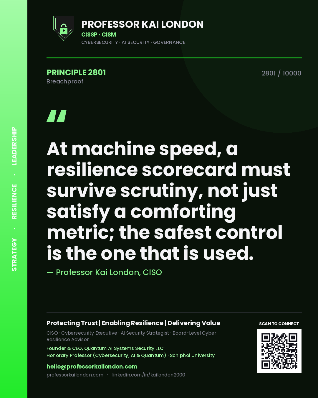 Quote card by Professor Kai London reading 'At machine speed, a resilience scorecard must survive scrutiny, not just satisfy a comforting metric; the safest control is the one that is used.'. From the book Breachproof.