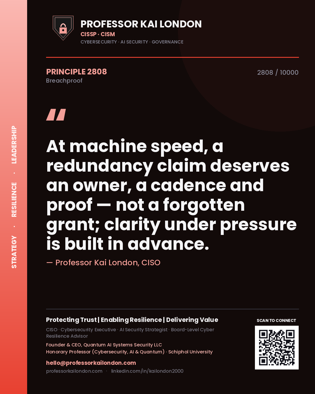 Quote card by Professor Kai London reading 'At machine speed, a redundancy claim deserves an owner, a cadence and proof — not a forgotten grant; clarity under pressure is built in advance.'. From the book Breachproof.