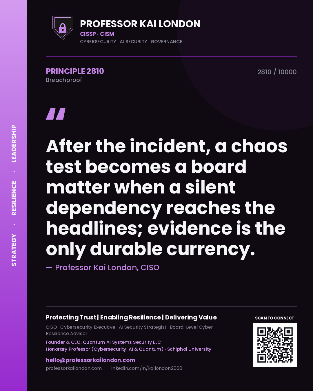 Quote card by Professor Kai London reading 'After the incident, a chaos test becomes a board matter when a silent dependency reaches the headlines; evidence is the only durable currency.'. From the book Breachproof.