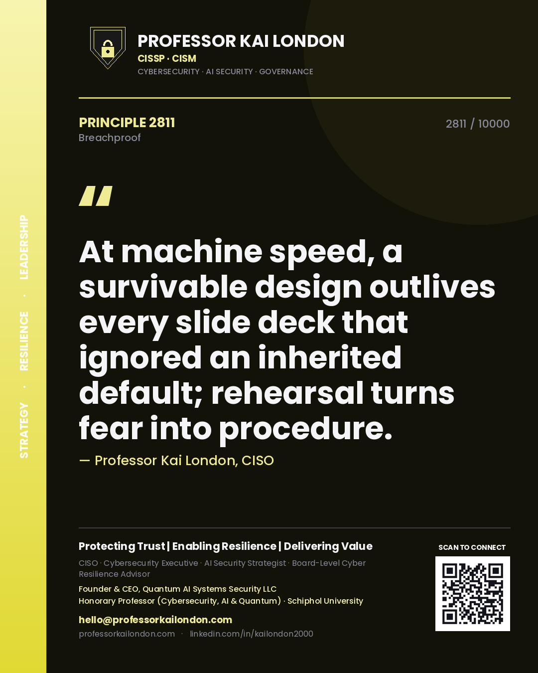 Professor Kai London principle 2811: At machine speed, a survivable design outlives every slide deck that ignored an inherited default; rehearsal turns fear into procedure.