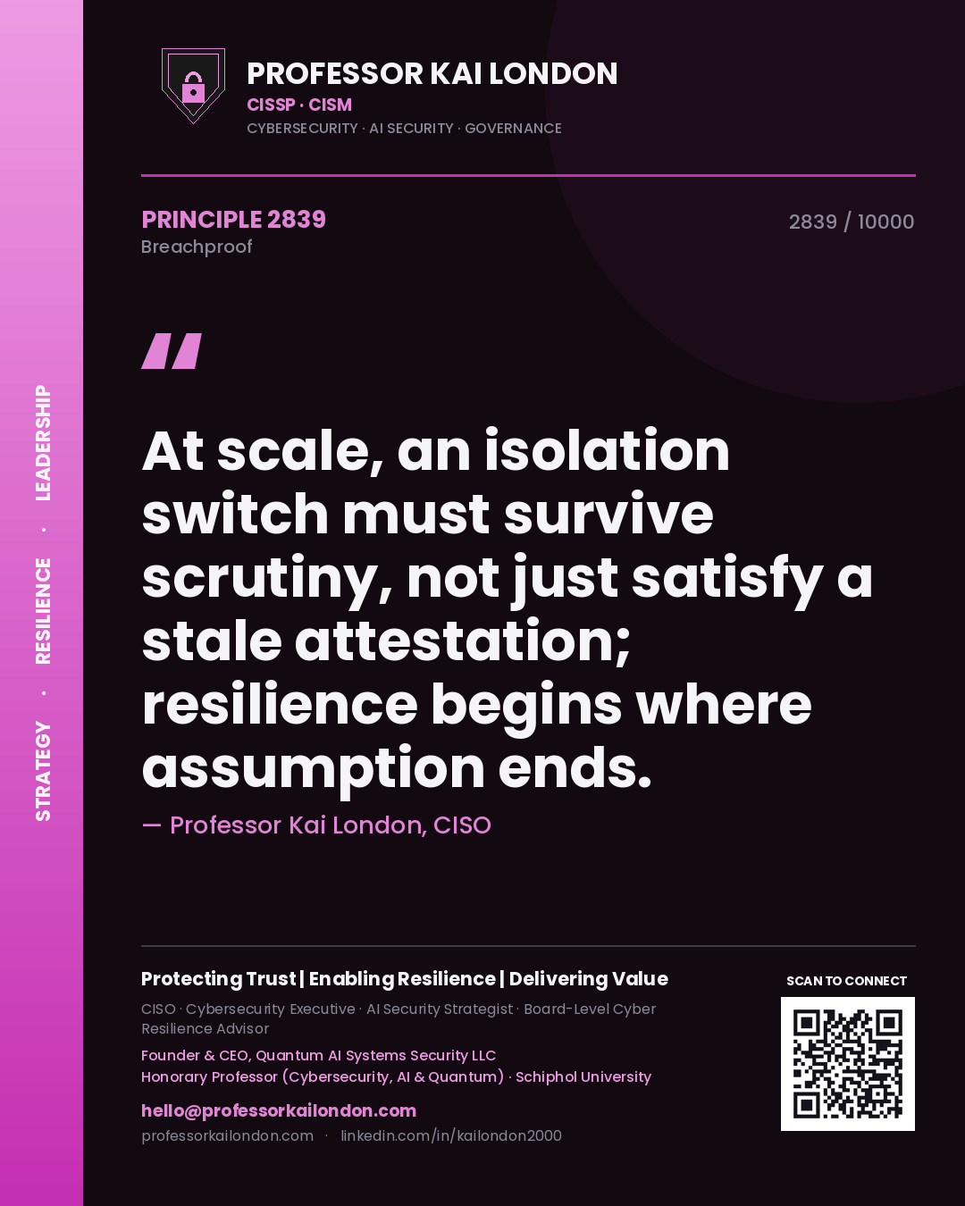 Quote card by Professor Kai London reading 'At scale, an isolation switch must survive scrutiny, not just satisfy a stale attestation; resilience begins where assumption ends.'. From the book Breachproof.