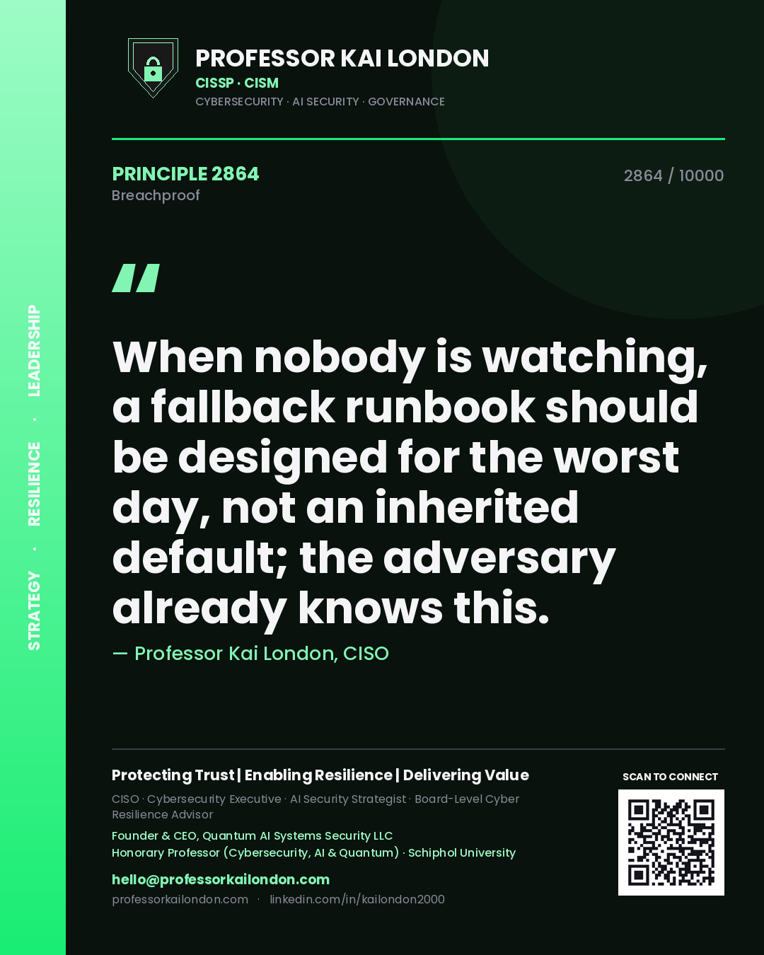 Quote card by Professor Kai London reading 'When nobody is watching, a fallback runbook should be designed for the worst day, not an inherited default; the adversary already knows this.'. From the book Breachproof.