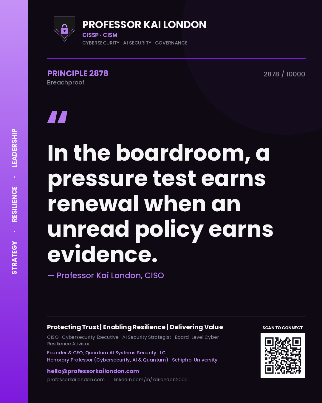 Professor Kai London principle 2878: In the boardroom, a pressure test earns renewal when an unread policy earns evidence.
