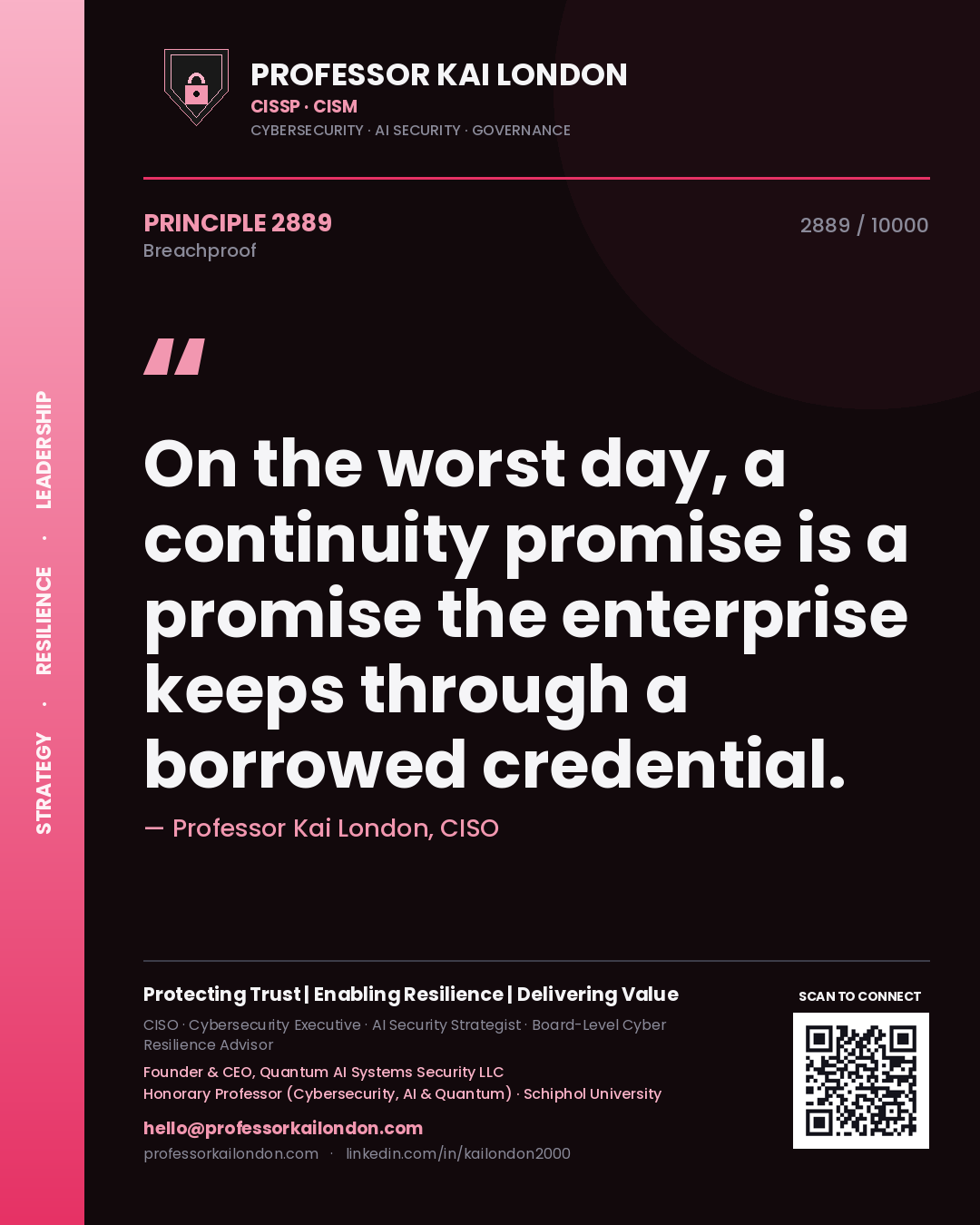 Quote card by Professor Kai London reading 'On the worst day, a continuity promise is a promise the enterprise keeps through a borrowed credential.'. From the book Breachproof.
