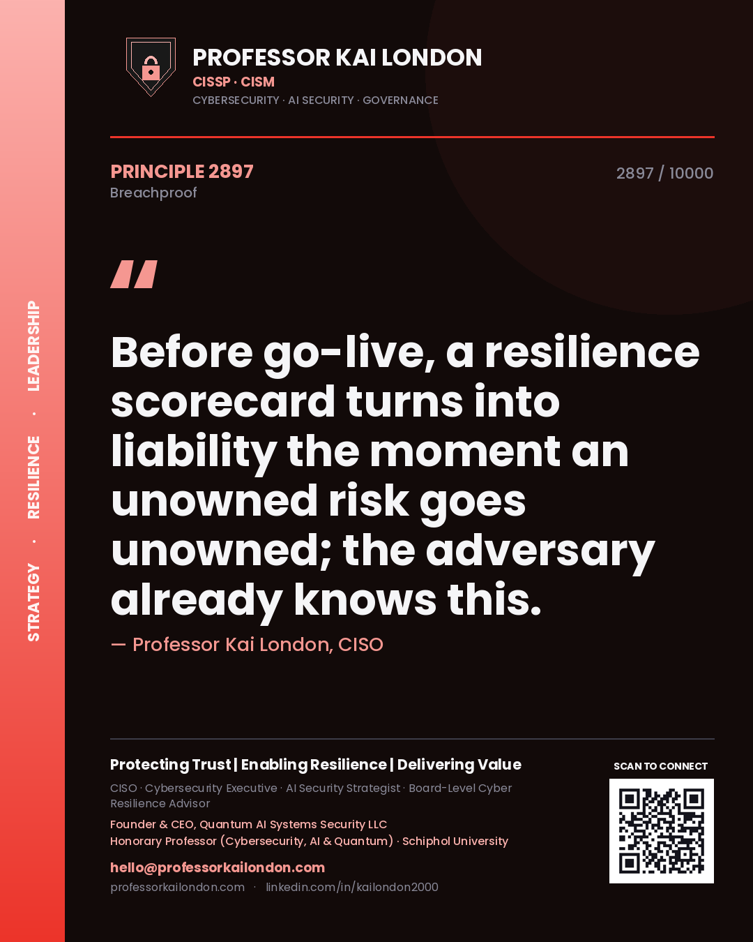 Quote card by Professor Kai London reading 'Before go-live, a resilience scorecard turns into liability the moment an unowned risk goes unowned; the adversary already knows this.'. From the book Breachproof.