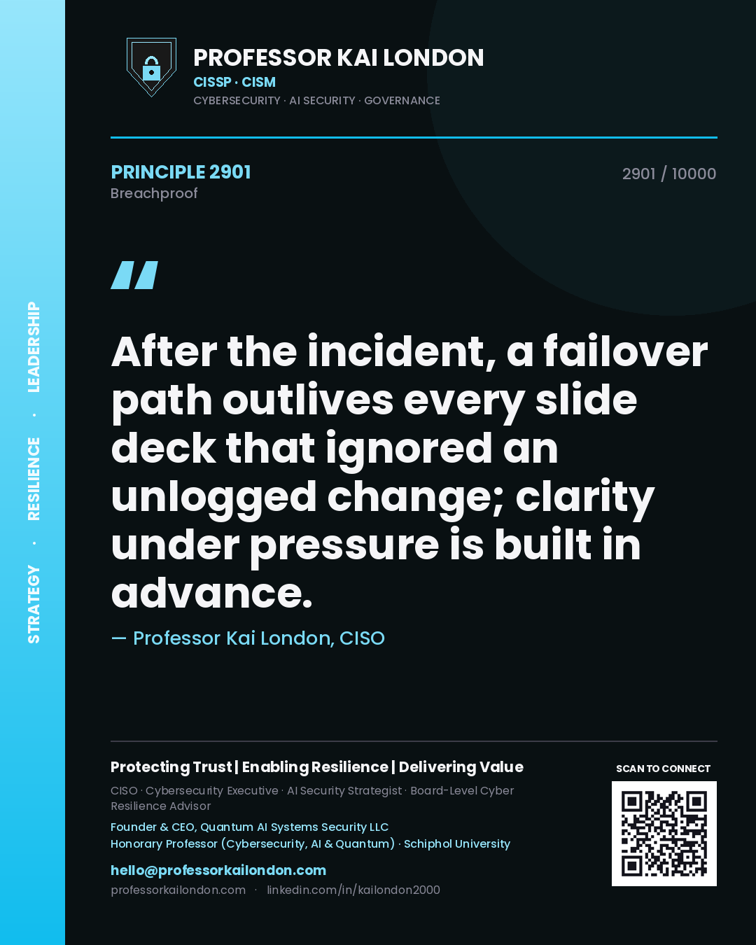 Quote card by Professor Kai London reading 'After the incident, a failover path outlives every slide deck that ignored an unlogged change; clarity under pressure is built in advance.'. From the book Breachproof.
