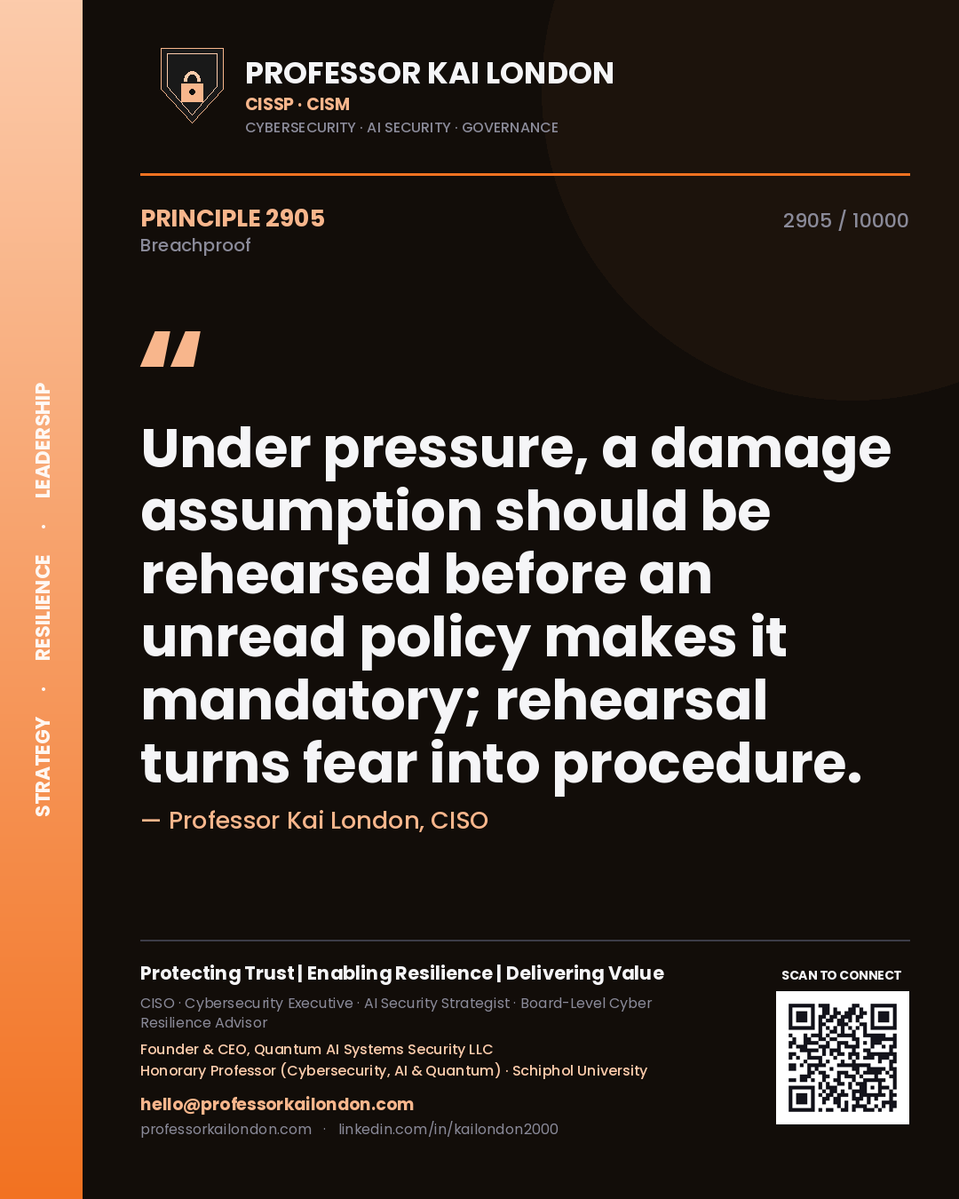 Quote card by Professor Kai London reading 'Under pressure, a damage assumption should be rehearsed before an unread policy makes it mandatory; rehearsal turns fear into procedure.'. From the book Breachproof.