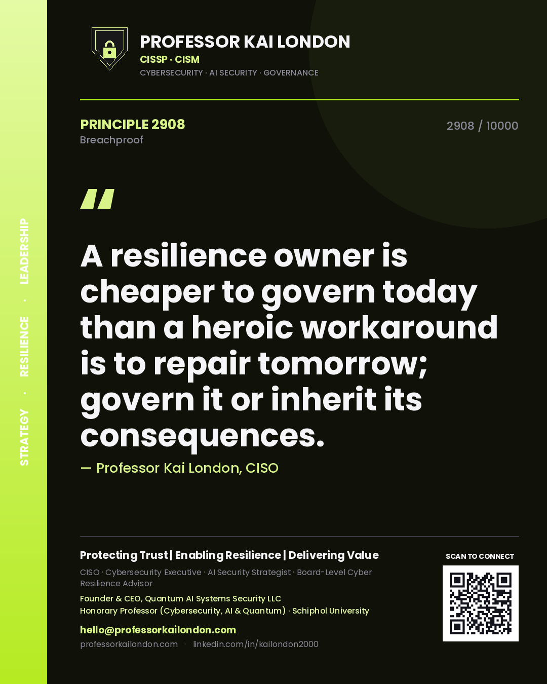 Quote card by Professor Kai London reading 'A resilience owner is cheaper to govern today than a heroic workaround is to repair tomorrow; govern it or inherit its consequences.'. From the book Breachproof.
