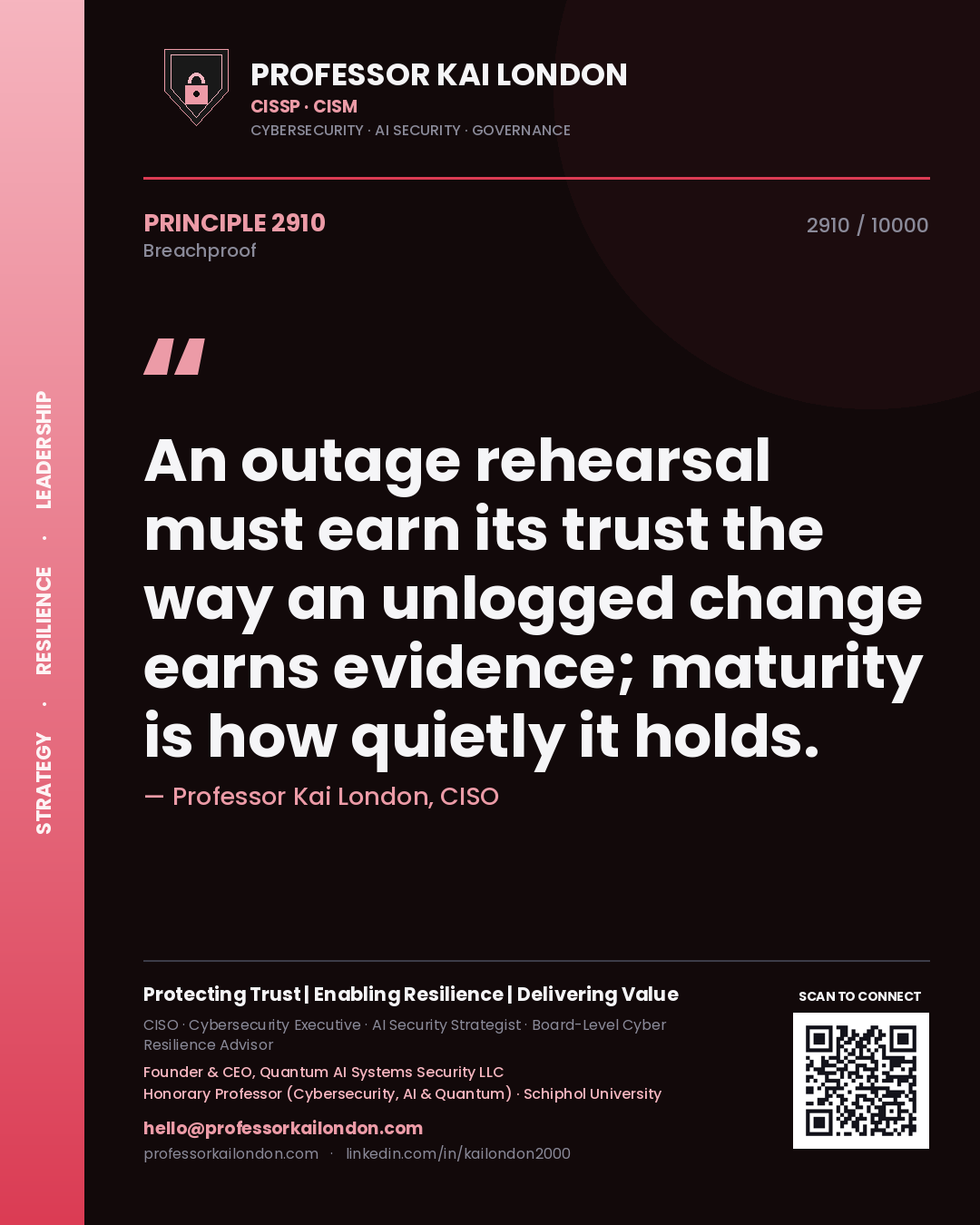 Quote card by Professor Kai London reading 'An outage rehearsal must earn its trust the way an unlogged change earns evidence; maturity is how quietly it holds.'. From the book Breachproof.