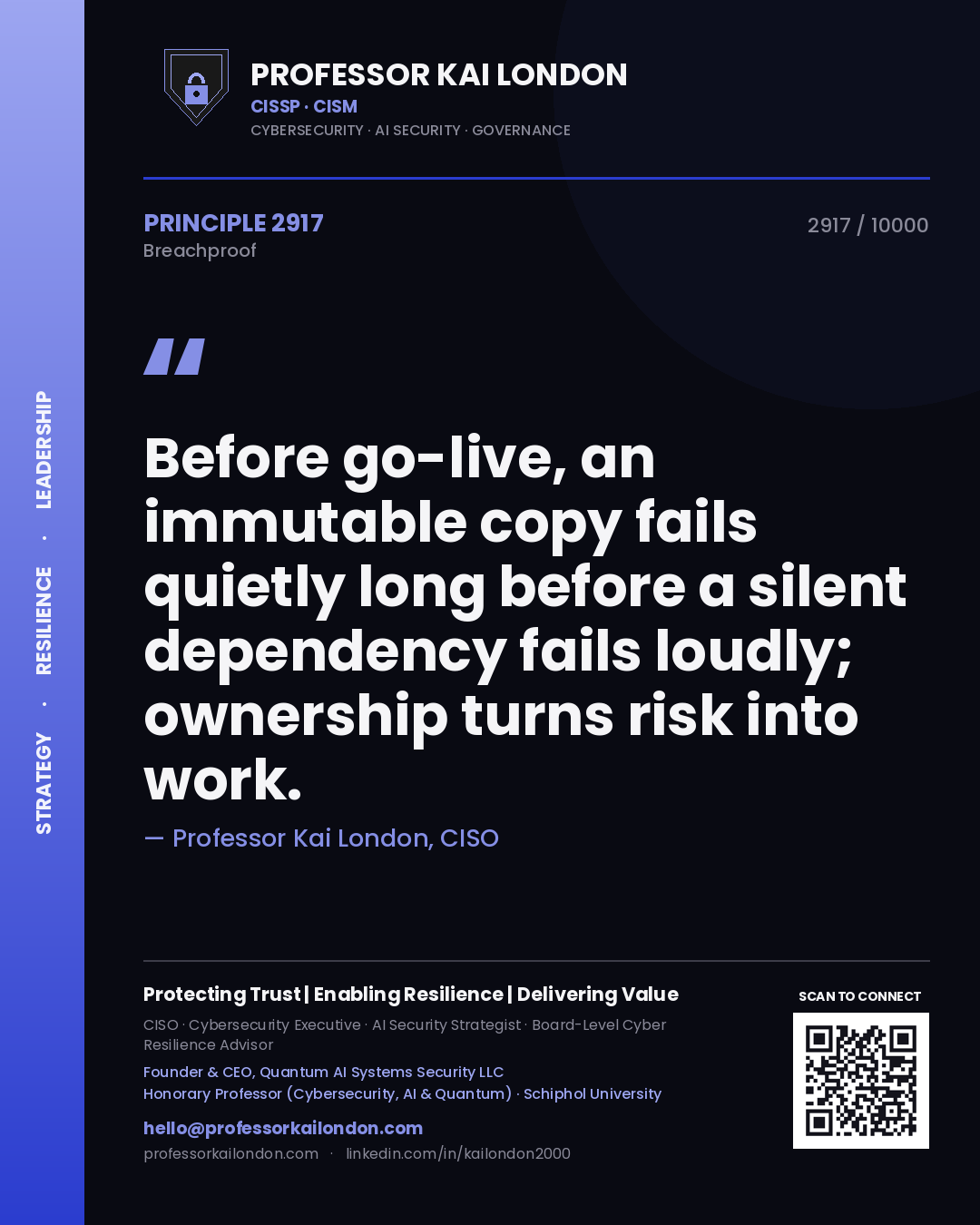 Professor Kai London principle 2917: Before go-live, an immutable copy fails quietly long before a silent dependency fails loudly; ownership turns risk into work.