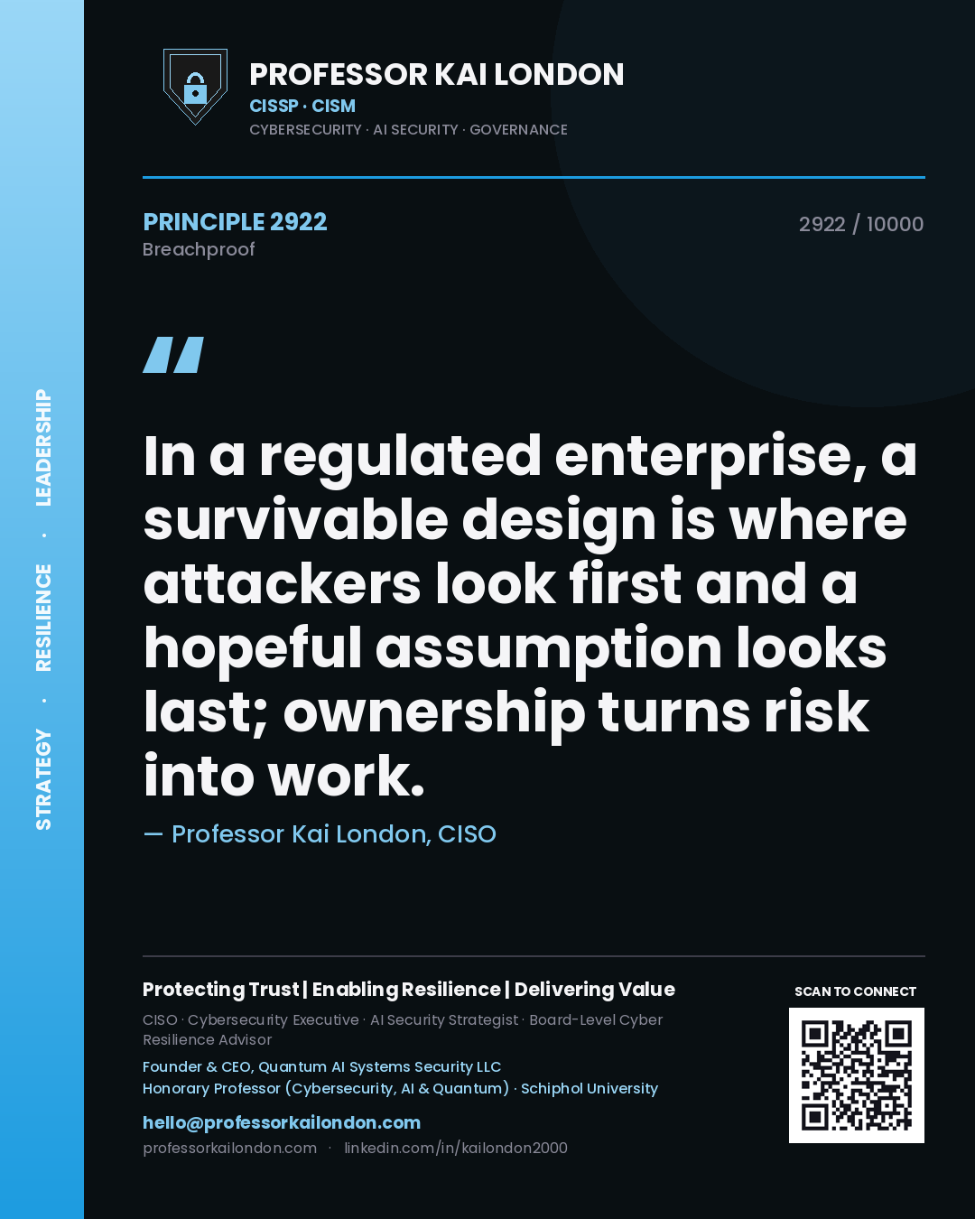 Quote card by Professor Kai London reading 'In a regulated enterprise, a survivable design is where attackers look first and a hopeful assumption looks last; ownership turns risk into work.'. From the book Breachproof.