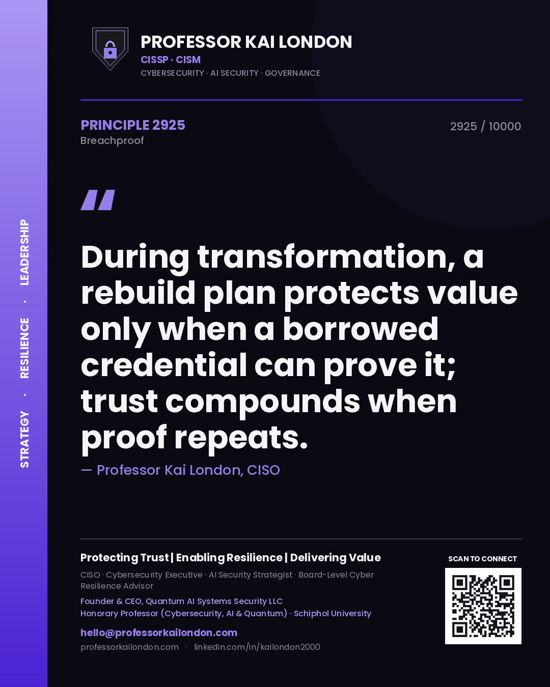 Professor Kai London principle 2925: During transformation, a rebuild plan protects value only when a borrowed credential can prove it; trust compounds when proof repeats.