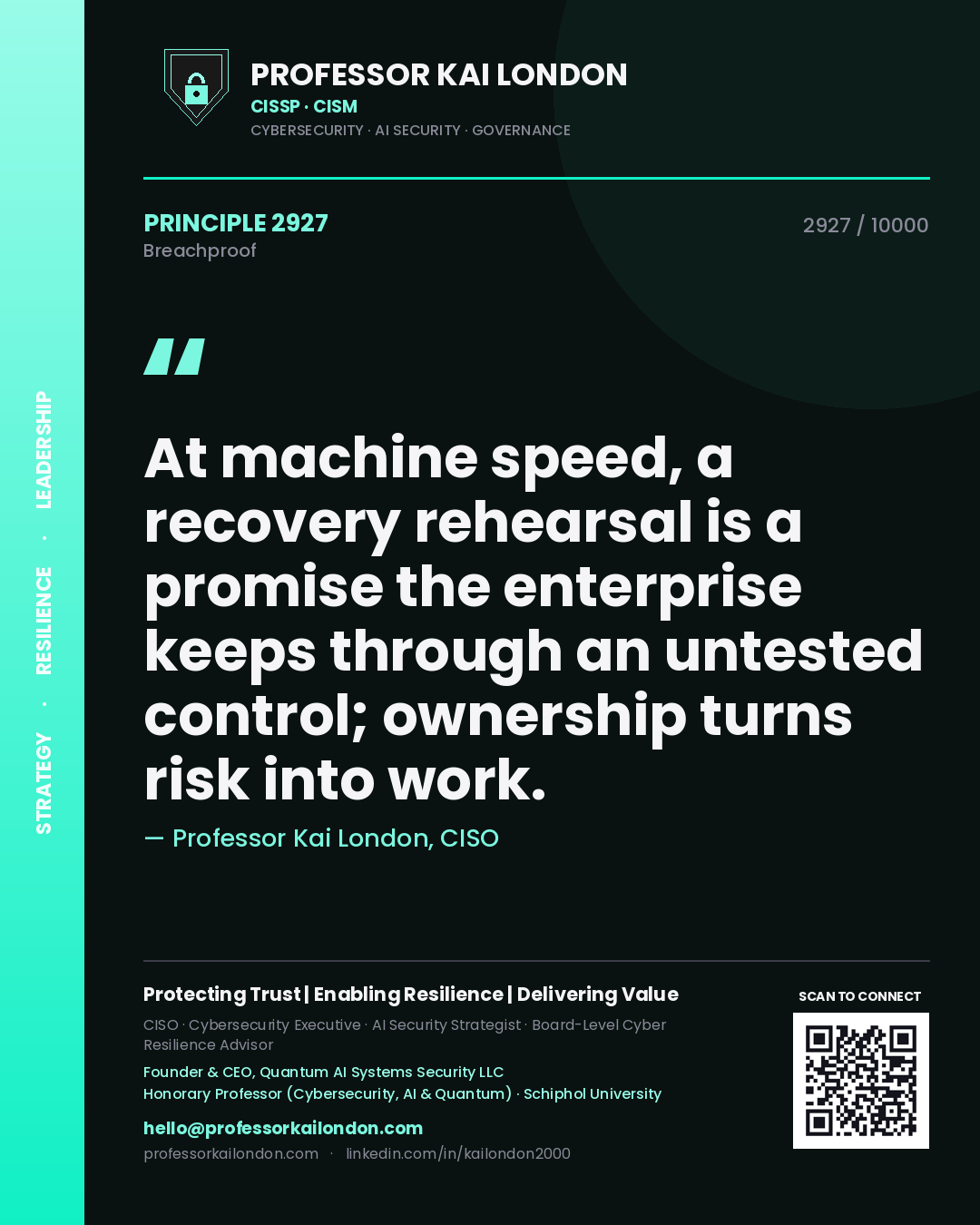 Professor Kai London principle 2927: At machine speed, a recovery rehearsal is a promise the enterprise keeps through an untested control; ownership turns risk into work.