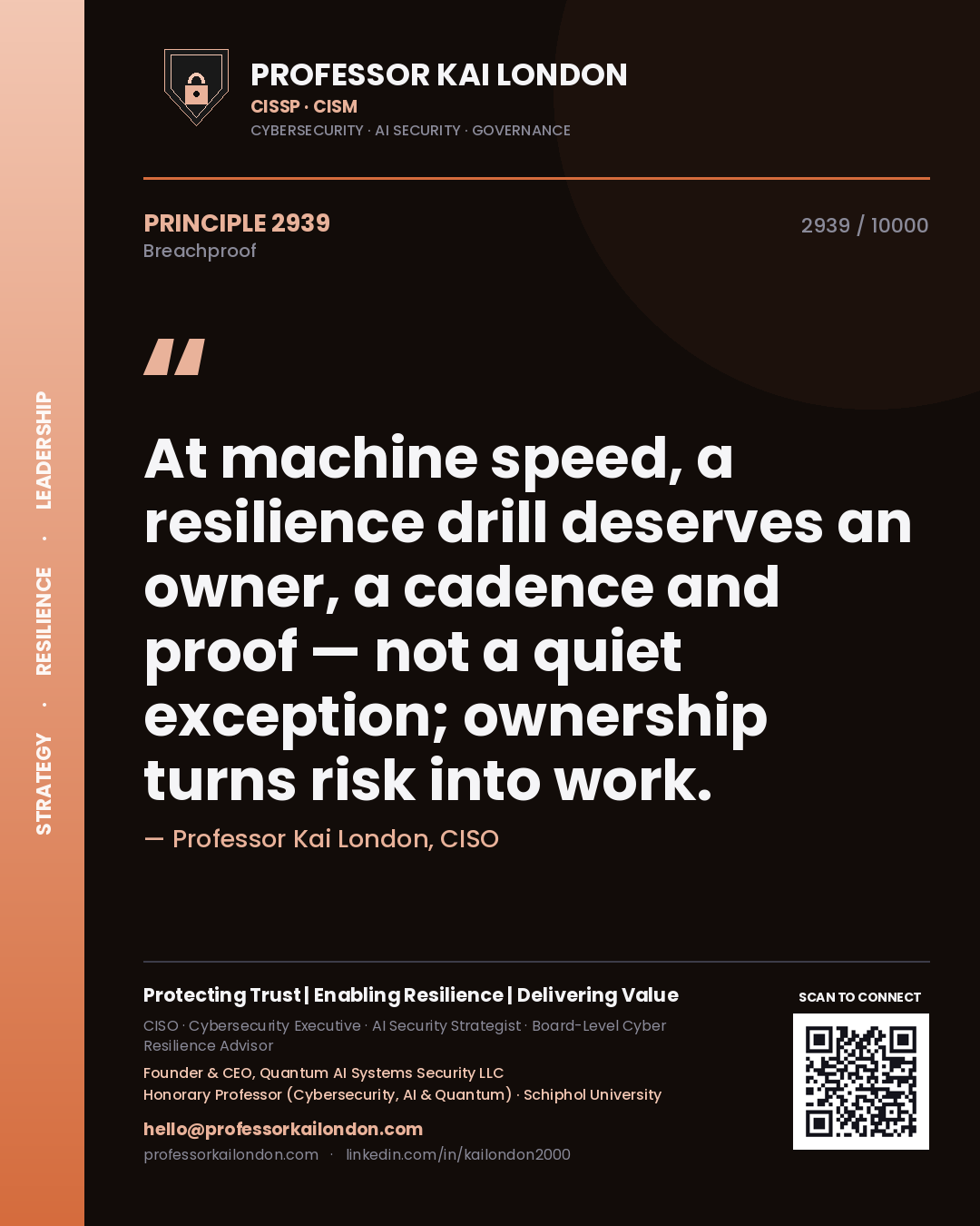 Quote card by Professor Kai London reading 'At machine speed, a resilience drill deserves an owner, a cadence and proof — not a quiet exception; ownership turns risk into work.'. From the book Breachproof.