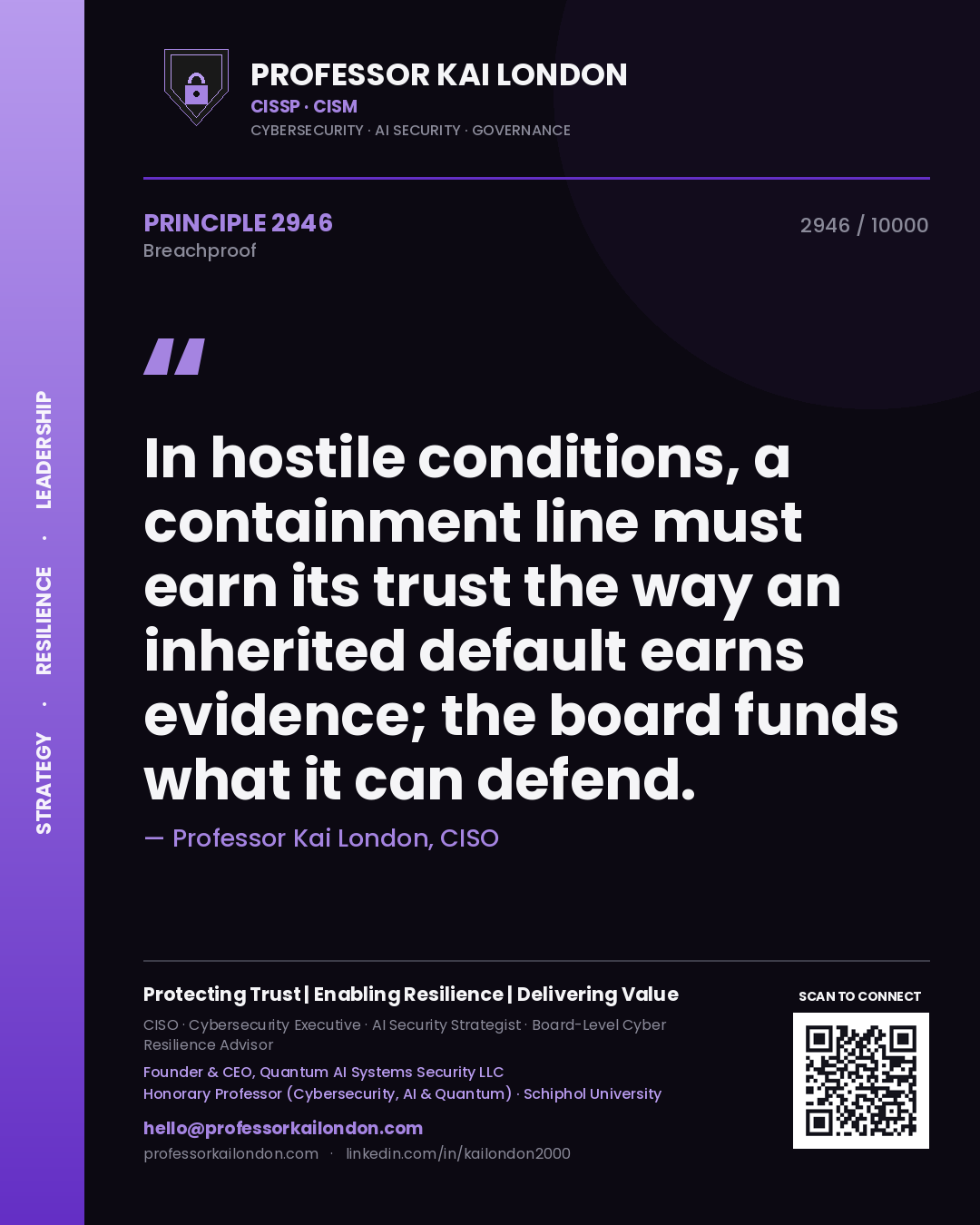 Quote card by Professor Kai London reading 'In hostile conditions, a containment line must earn its trust the way an inherited default earns evidence; the board funds what it can defend.'. From the book Breachproof.