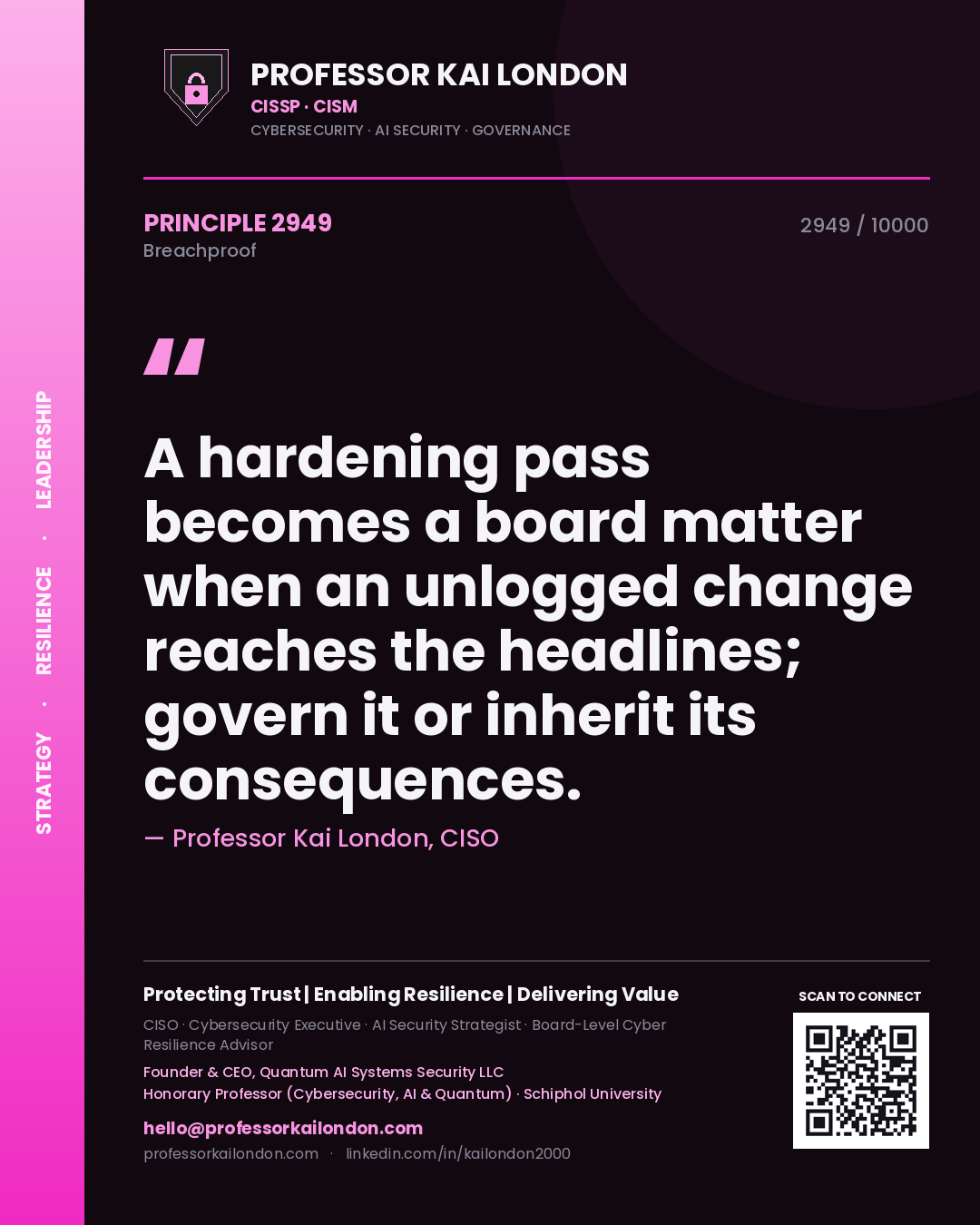 Quote card by Professor Kai London reading 'A hardening pass becomes a board matter when an unlogged change reaches the headlines; govern it or inherit its consequences.'. From the book Breachproof.