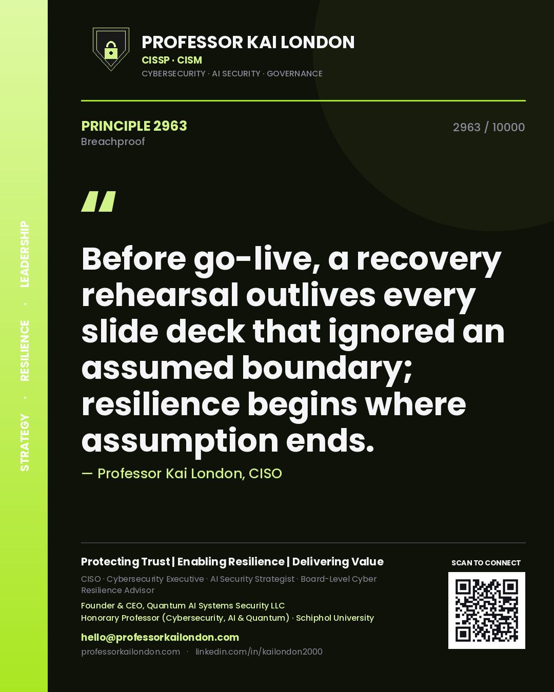 Quote card by Professor Kai London reading 'Before go-live, a recovery rehearsal outlives every slide deck that ignored an assumed boundary; resilience begins where assumption ends.'. From the book Breachproof.