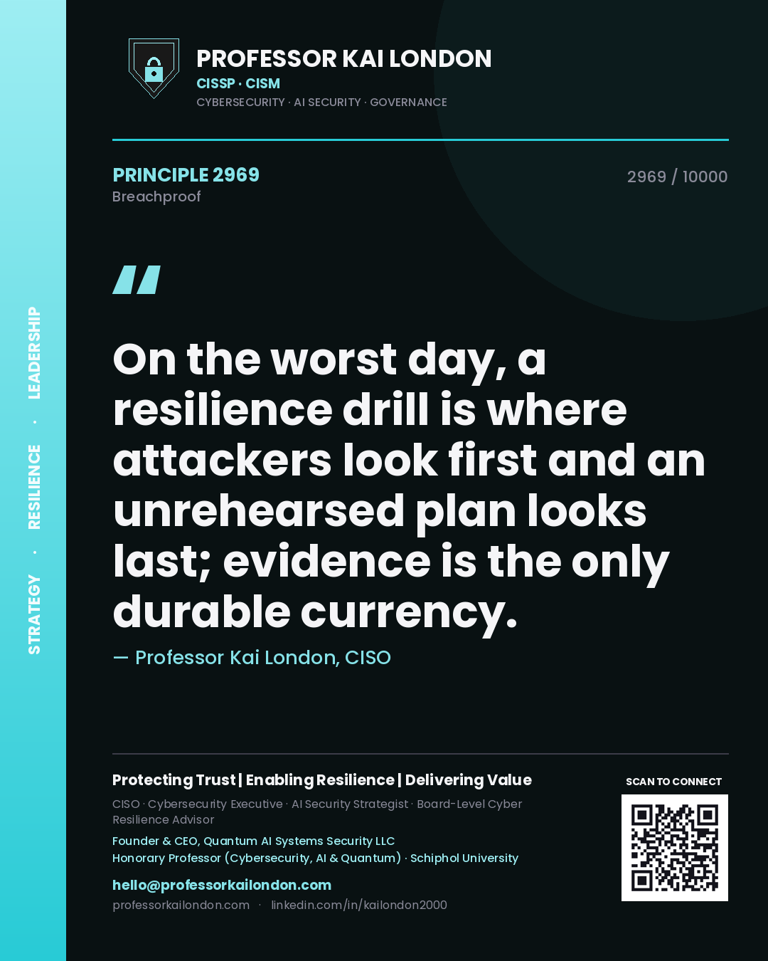 Professor Kai London principle 2969: On the worst day, a resilience drill is where attackers look first and an unrehearsed plan looks last; evidence is the only durable currency.