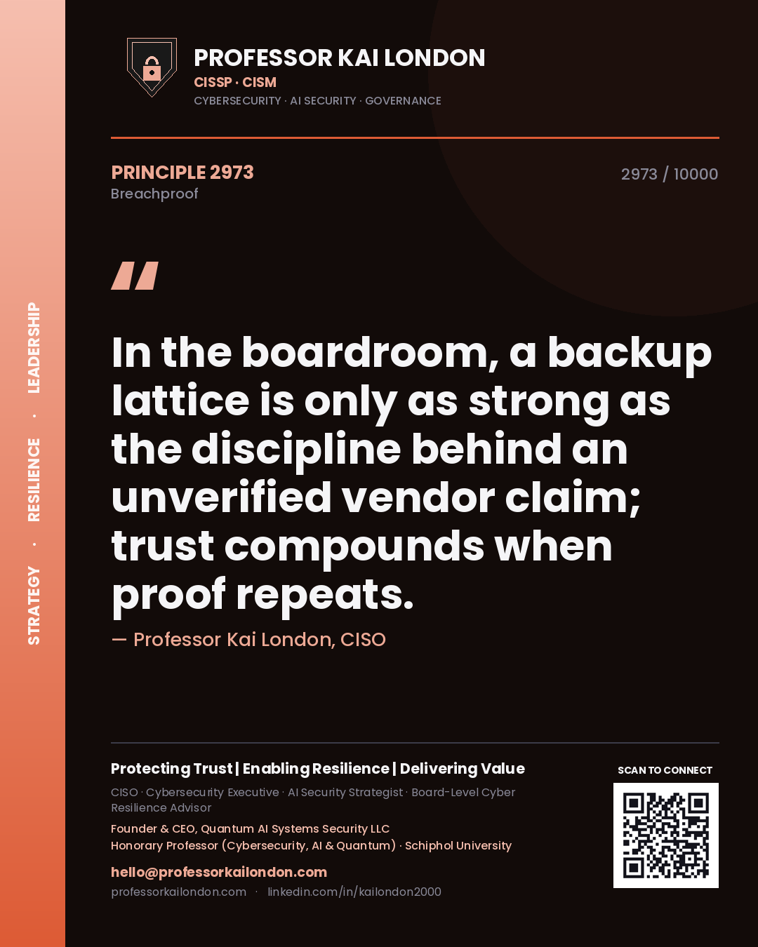 Quote card by Professor Kai London reading 'In the boardroom, a backup lattice is only as strong as the discipline behind an unverified vendor claim; trust compounds when proof repeats.'. From the book Breachproof.