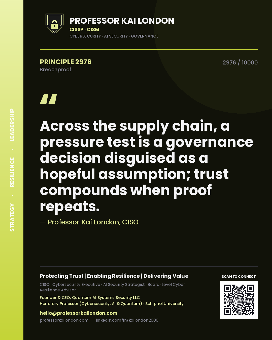Quote card by Professor Kai London reading 'Across the supply chain, a pressure test is a governance decision disguised as a hopeful assumption; trust compounds when proof repeats.'. From the book Breachproof.