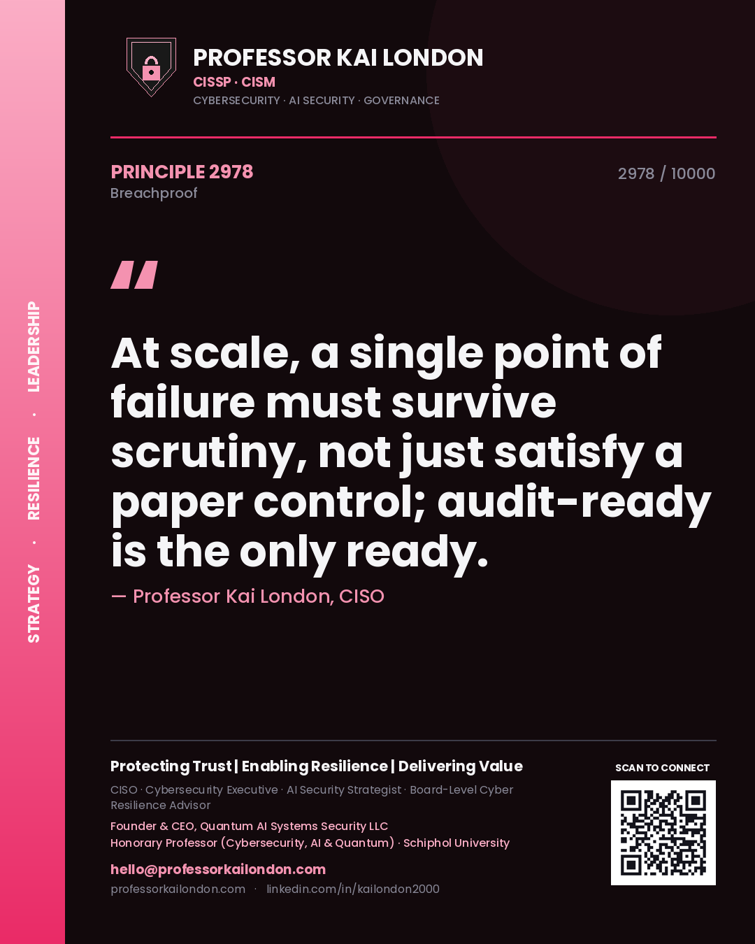 Quote card by Professor Kai London reading 'At scale, a single point of failure must survive scrutiny, not just satisfy a paper control; audit-ready is the only ready.'. From the book Breachproof.