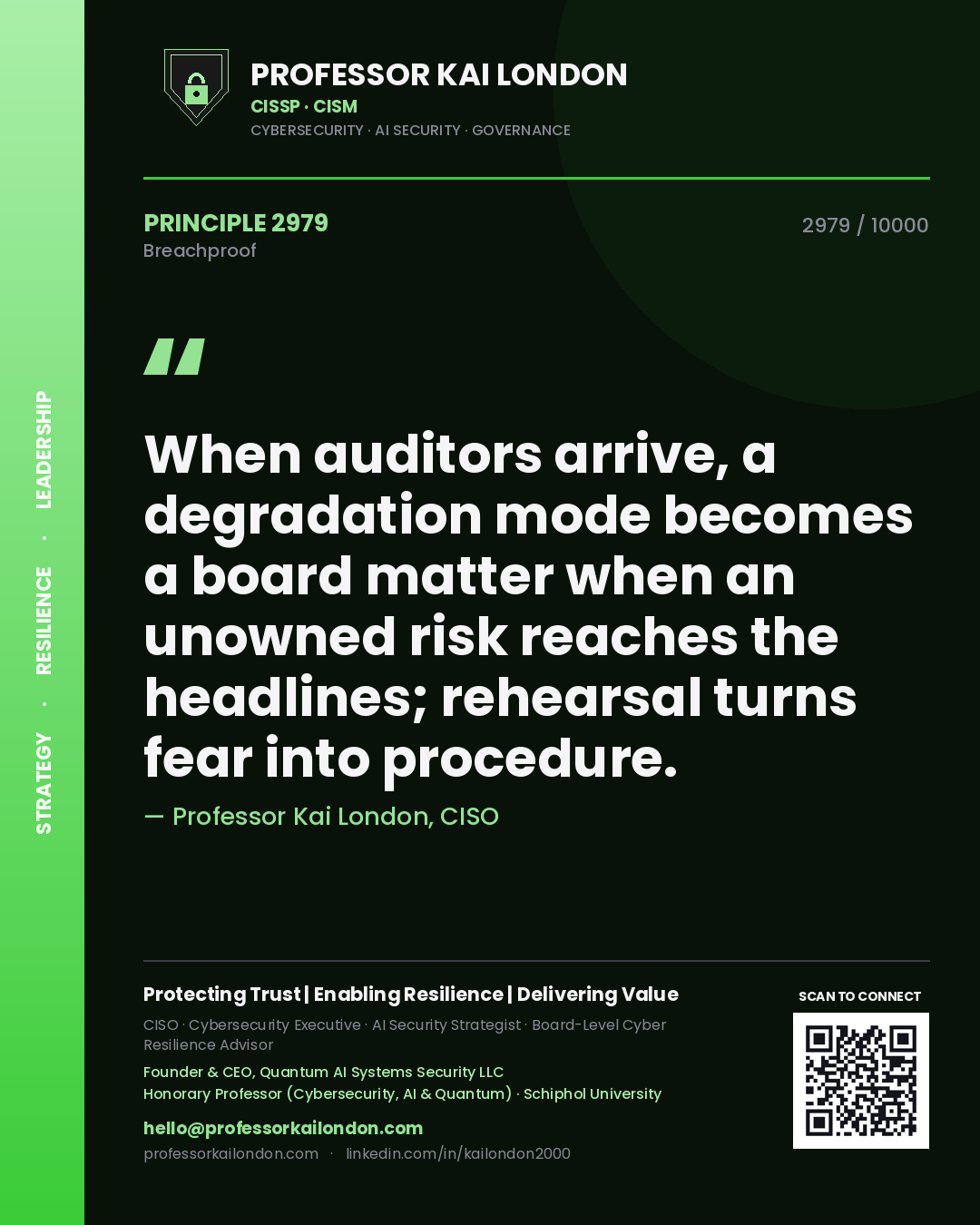 Quote card by Professor Kai London reading 'When auditors arrive, a degradation mode becomes a board matter when an unowned risk reaches the headlines; rehearsal turns fear into procedure.'. From the book Breachproof.