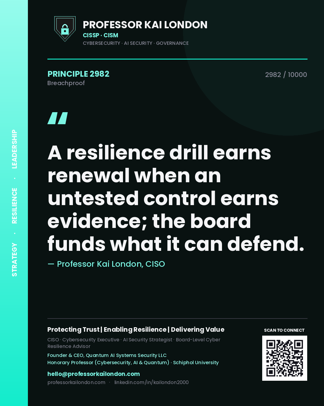 Professor Kai London principle 2982: A resilience drill earns renewal when an untested control earns evidence; the board funds what it can defend.