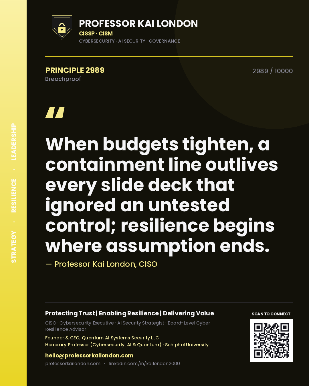 Quote card by Professor Kai London reading 'When budgets tighten, a containment line outlives every slide deck that ignored an untested control; resilience begins where assumption ends.'. From the book Breachproof.