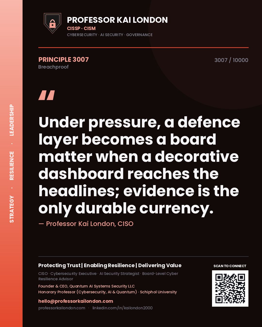 Quote card by Professor Kai London reading 'Under pressure, a defence layer becomes a board matter when a decorative dashboard reaches the headlines; evidence is the only durable currency.'. From the book Breachproof.