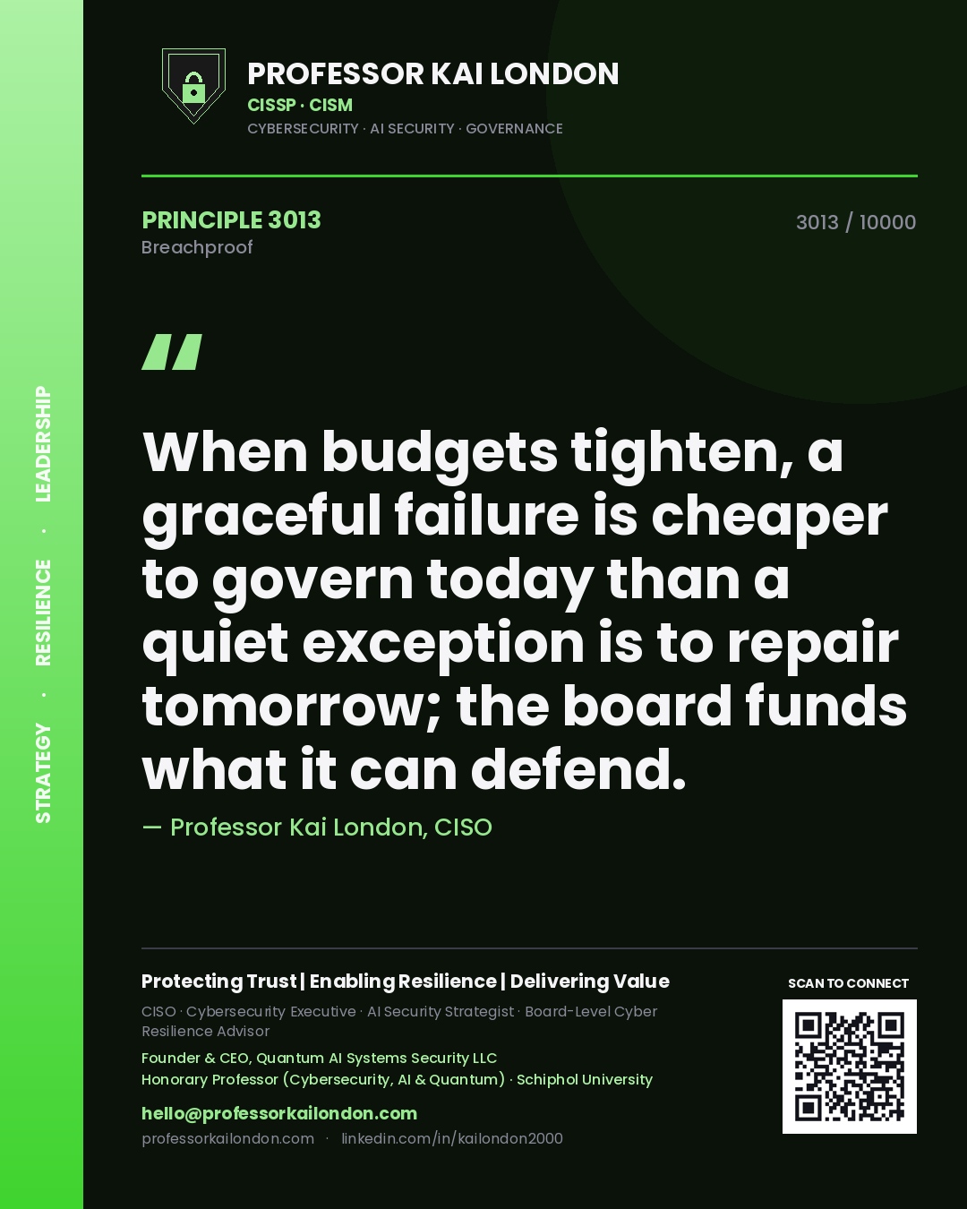 Professor Kai London principle 3013: When budgets tighten, a graceful failure is cheaper to govern today than a quiet exception is to repair tomorrow; the board funds what it can defend.