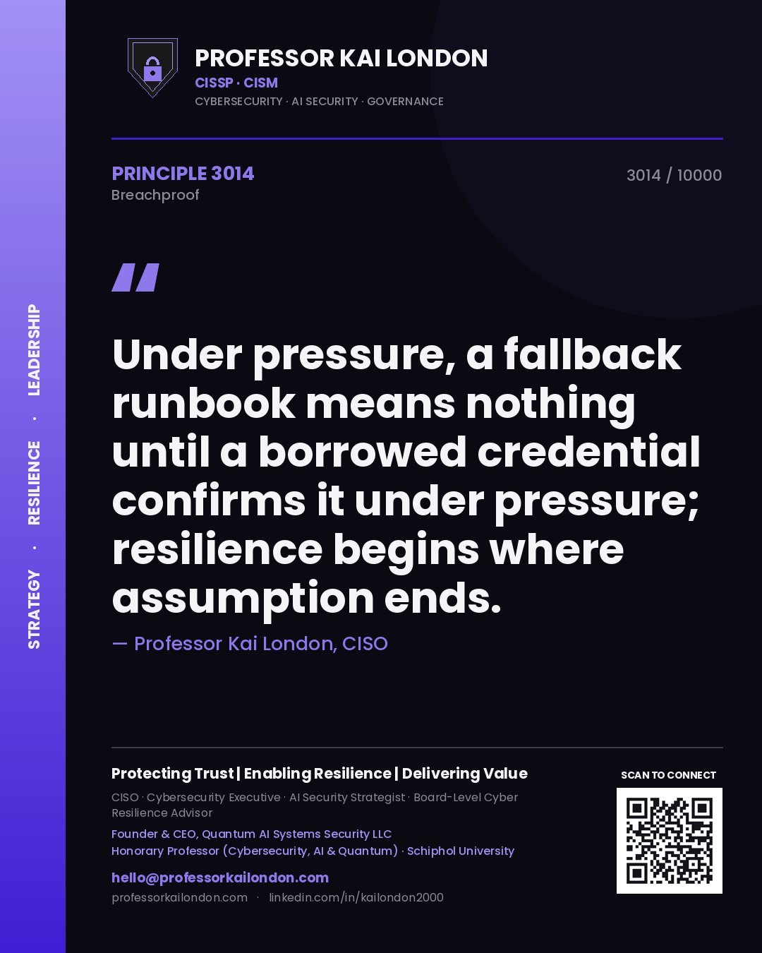 Quote card by Professor Kai London reading 'Under pressure, a fallback runbook means nothing until a borrowed credential confirms it under pressure; resilience begins where assumption ends.'. From the book Breachproof.