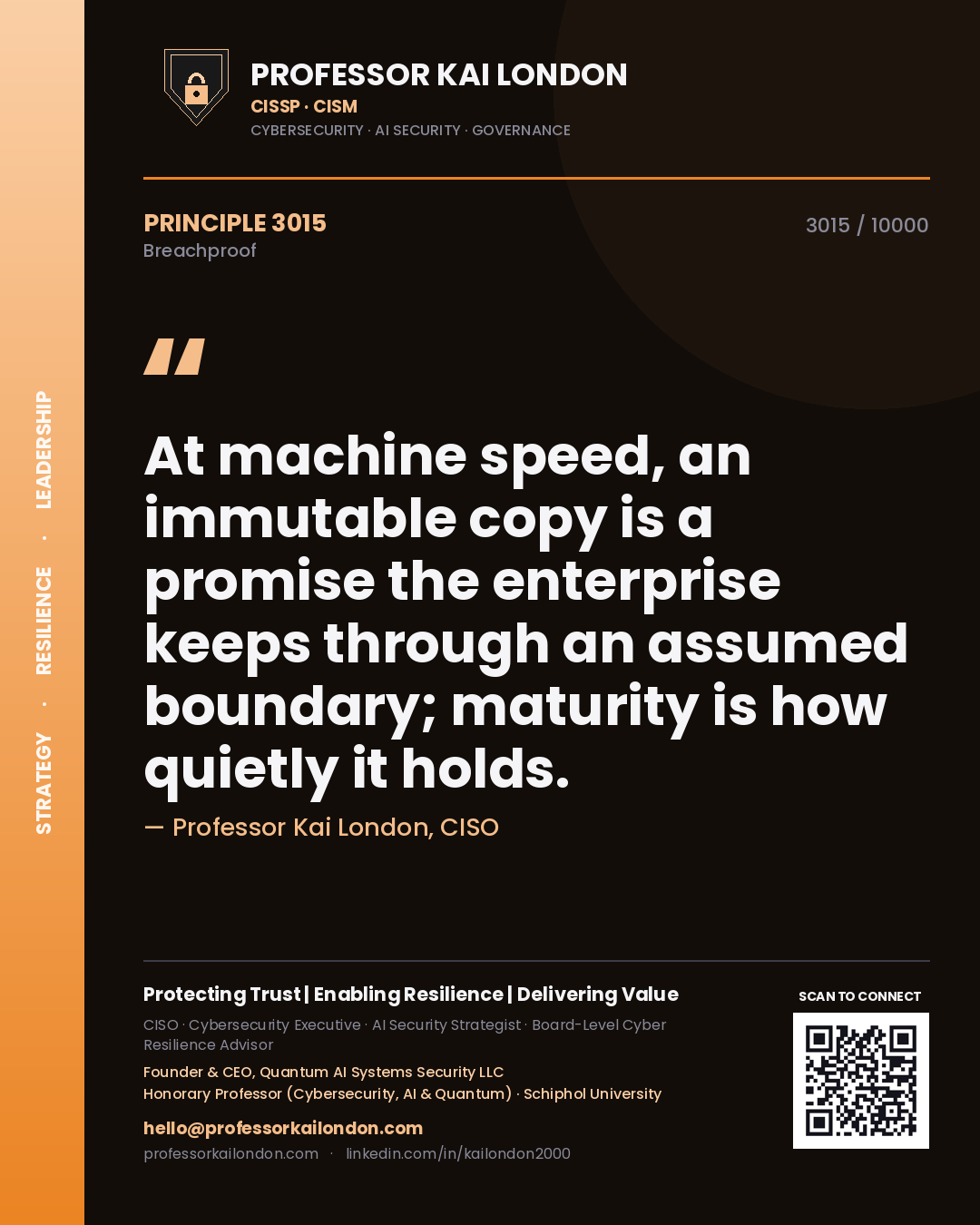 Quote card by Professor Kai London reading 'At machine speed, an immutable copy is a promise the enterprise keeps through an assumed boundary; maturity is how quietly it holds.'. From the book Breachproof.