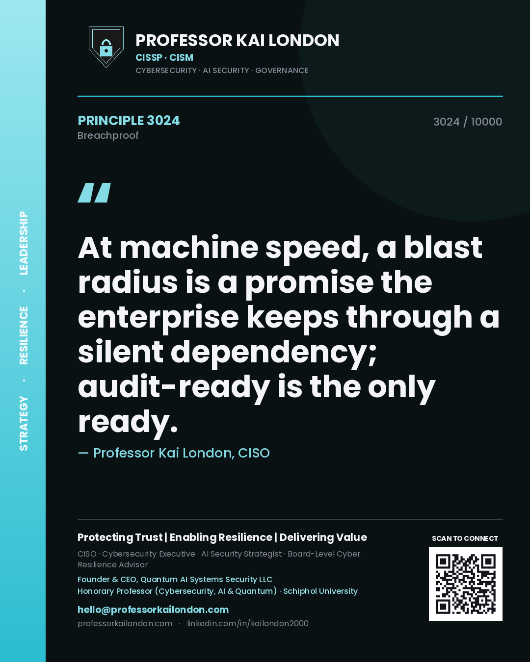 Quote card by Professor Kai London reading 'At machine speed, a blast radius is a promise the enterprise keeps through a silent dependency; audit-ready is the only ready.'. From the book Breachproof.