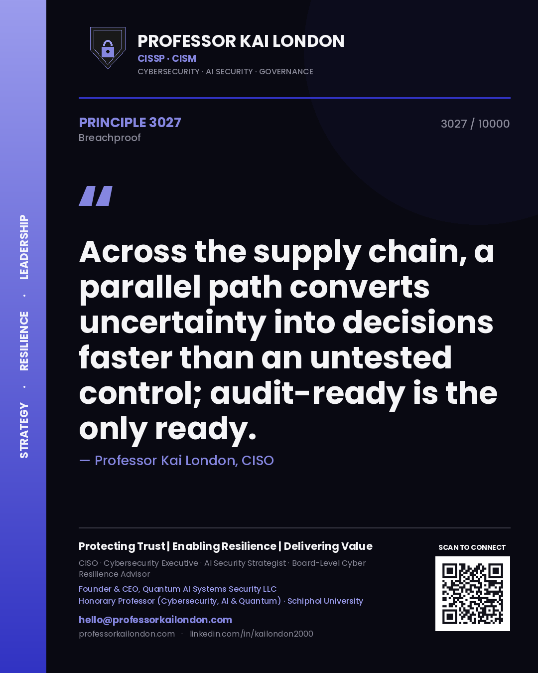 Quote card by Professor Kai London reading 'Across the supply chain, a parallel path converts uncertainty into decisions faster than an untested control; audit-ready is the only ready.'. From the book Breachproof.