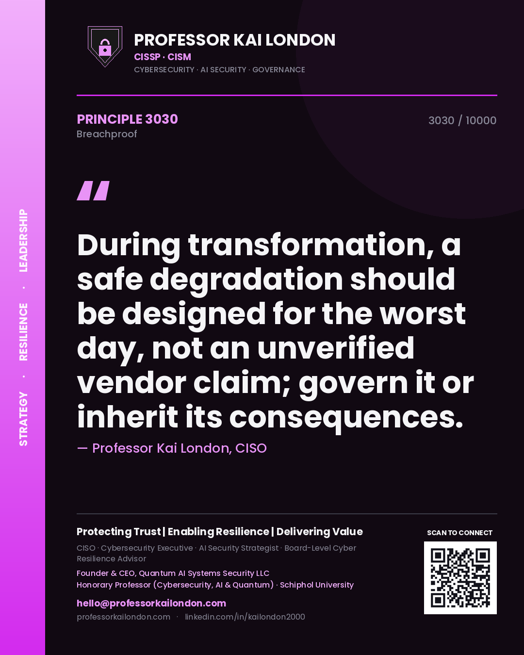Quote card by Professor Kai London reading 'During transformation, a safe degradation should be designed for the worst day, not an unverified vendor claim; govern it or inherit its consequences.'. From the book Breachproof.