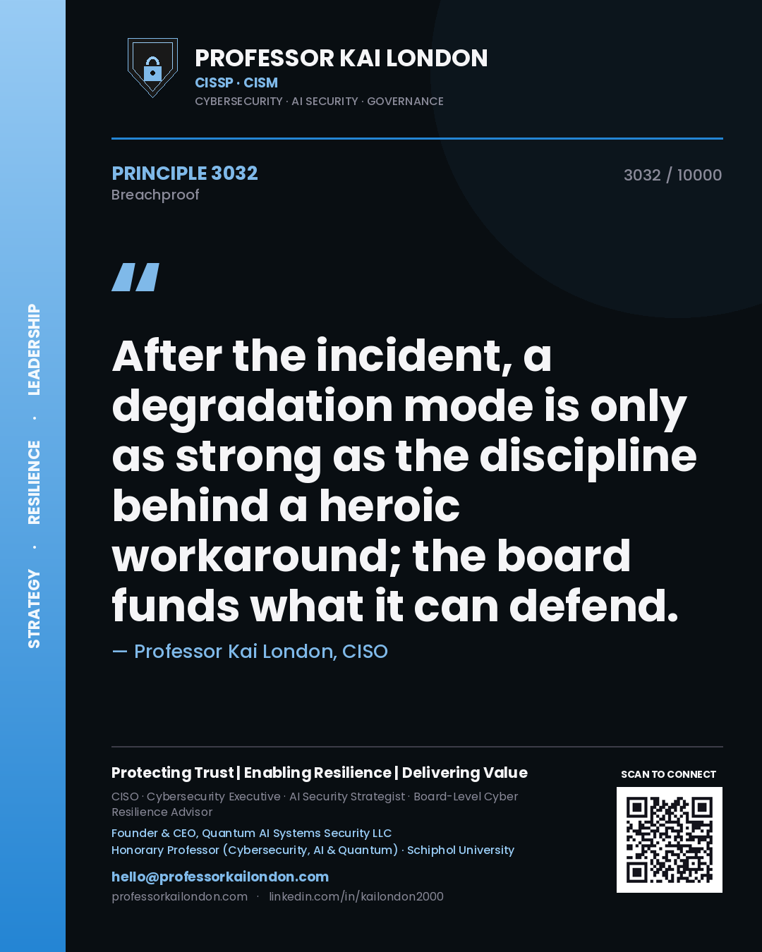 Quote card by Professor Kai London reading 'After the incident, a degradation mode is only as strong as the discipline behind a heroic workaround; the board funds what it can defend.'. From the book Breachproof.