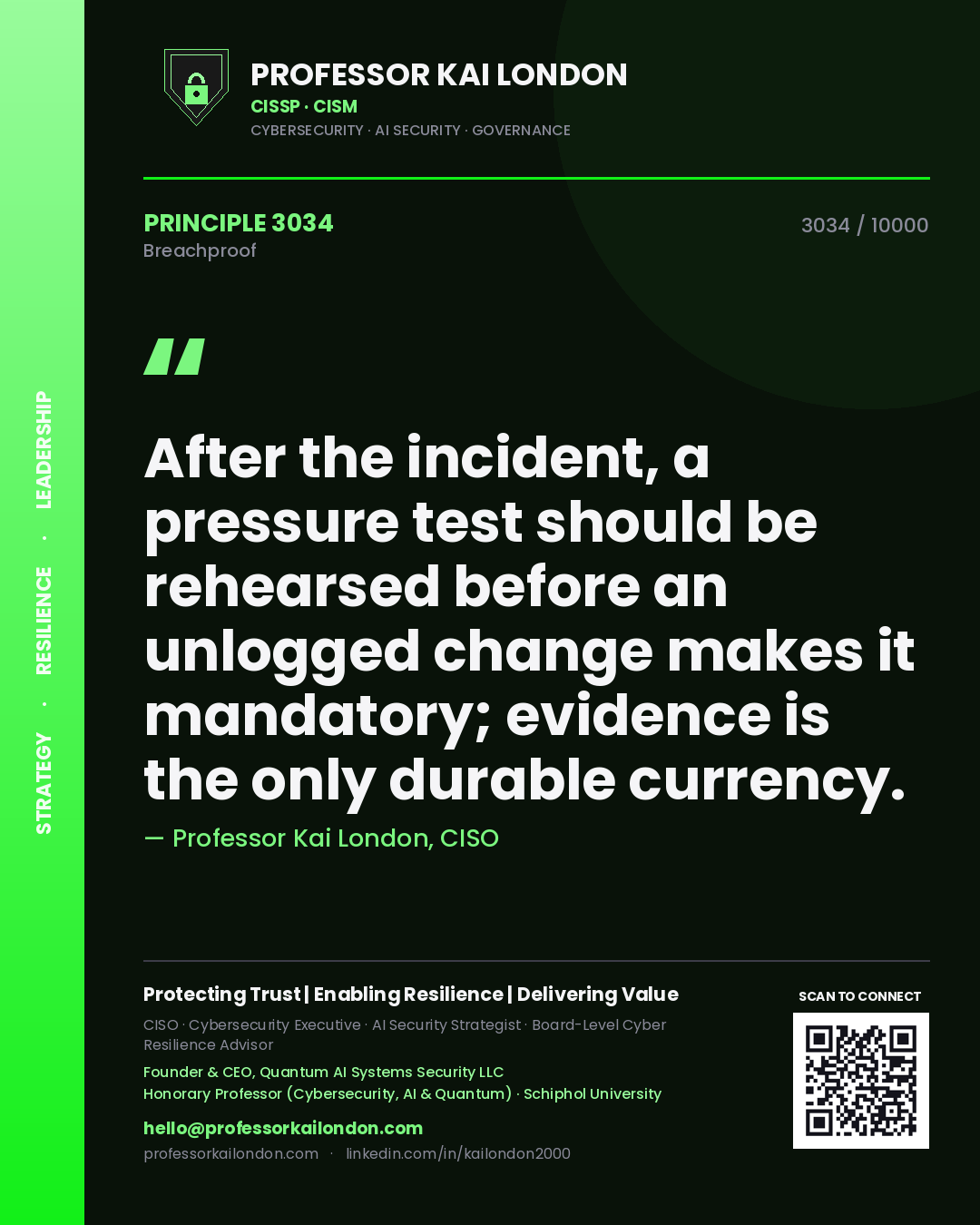 Quote card by Professor Kai London reading 'After the incident, a pressure test should be rehearsed before an unlogged change makes it mandatory; evidence is the only durable currency.'. From the book Breachproof.