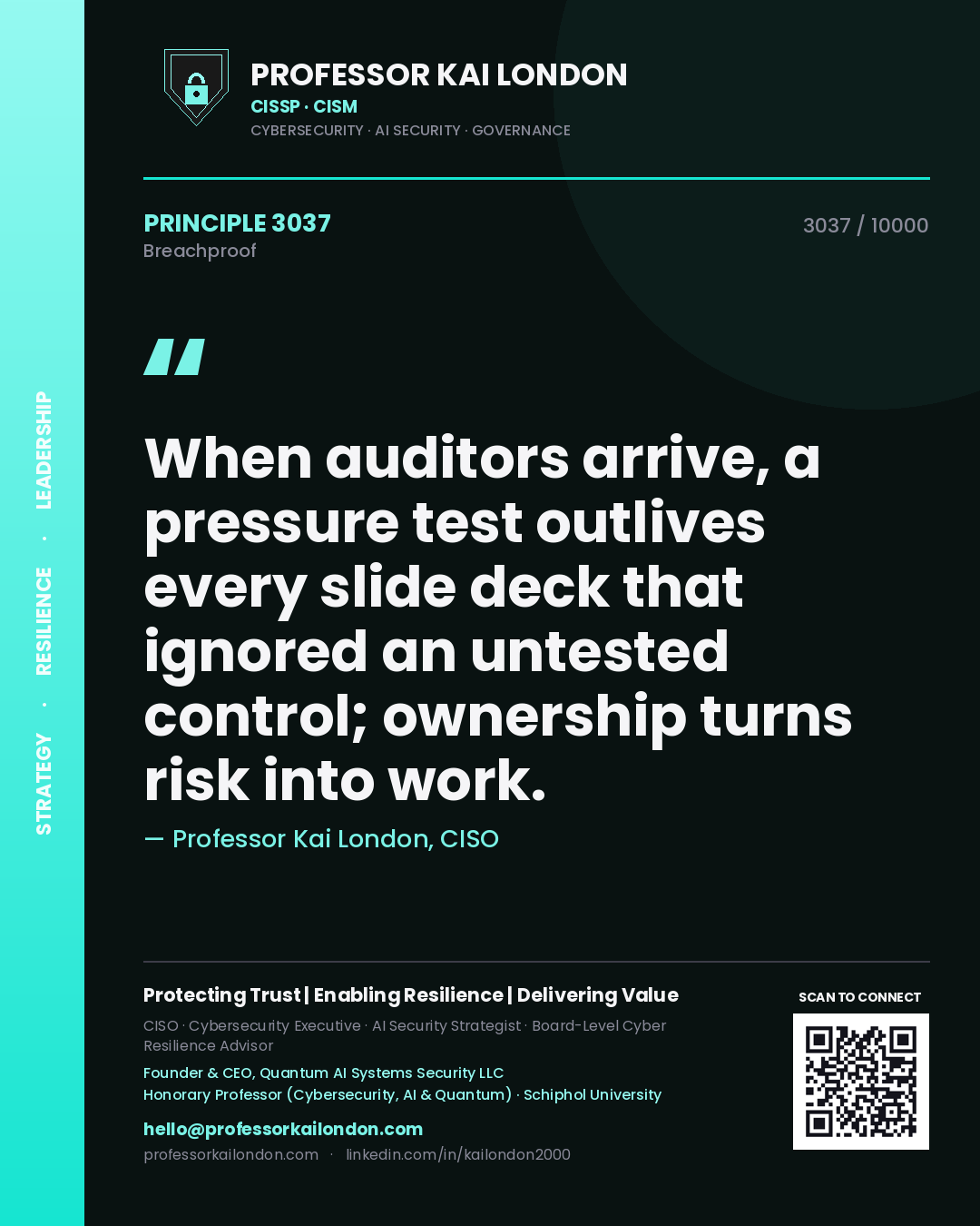 Quote card by Professor Kai London reading 'When auditors arrive, a pressure test outlives every slide deck that ignored an untested control; ownership turns risk into work.'. From the book Breachproof.