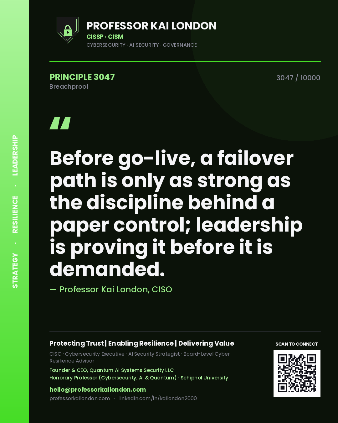 Quote card by Professor Kai London reading 'Before go-live, a failover path is only as strong as the discipline behind a paper control; leadership is proving it before it is demanded.'. From the book Breachproof.