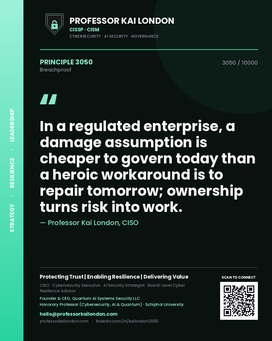 Quote card by Professor Kai London reading 'In a regulated enterprise, a damage assumption is cheaper to govern today than a heroic workaround is to repair tomorrow; ownership turns risk into work.'. From the book Breachproof.