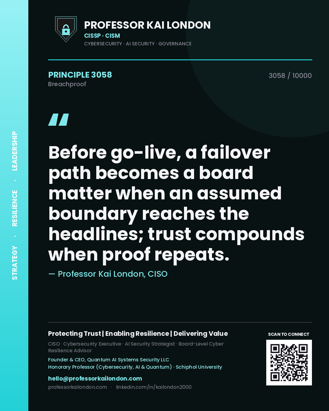 Quote card by Professor Kai London reading 'Before go-live, a failover path becomes a board matter when an assumed boundary reaches the headlines; trust compounds when proof repeats.'. From the book Breachproof.