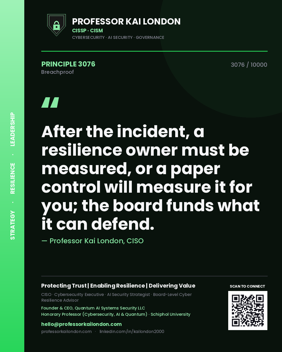 Quote card by Professor Kai London reading 'After the incident, a resilience owner must be measured, or a paper control will measure it for you; the board funds what it can defend.'. From the book Breachproof.