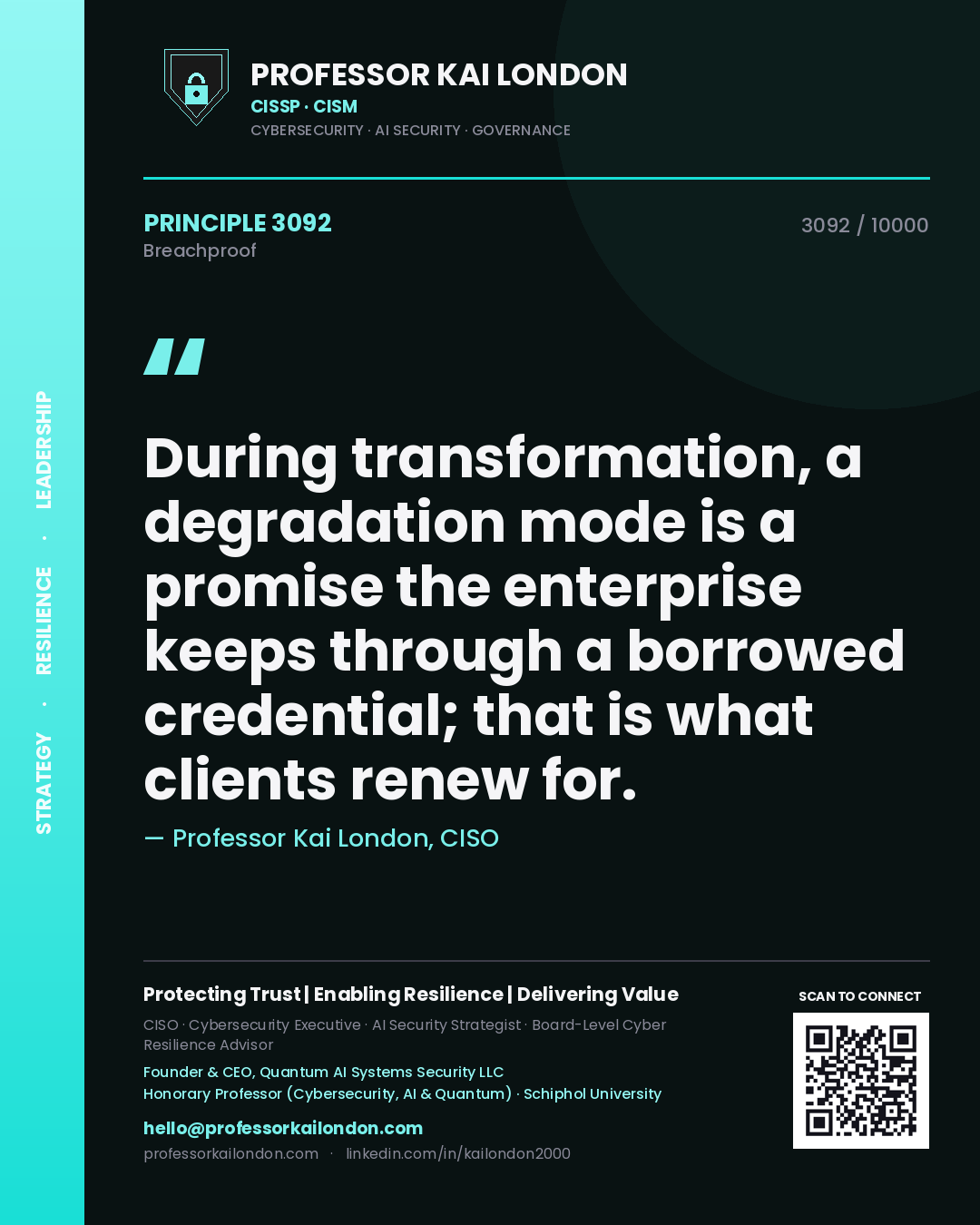 Quote card by Professor Kai London reading 'During transformation, a degradation mode is a promise the enterprise keeps through a borrowed credential; that is what clients renew for.'. From the book Breachproof.